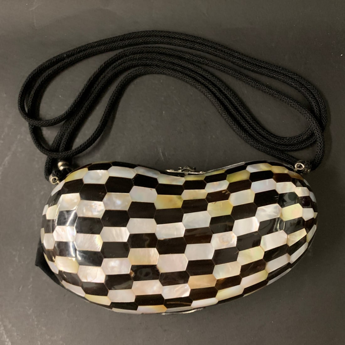 Handcrafted Mother Of Pearl Mosaic Clutch: Handcrafted Mother Of Pearl Shell Mosaic Clutch Featuring A Black And White Checkerboard Pattern8 1/4" Long