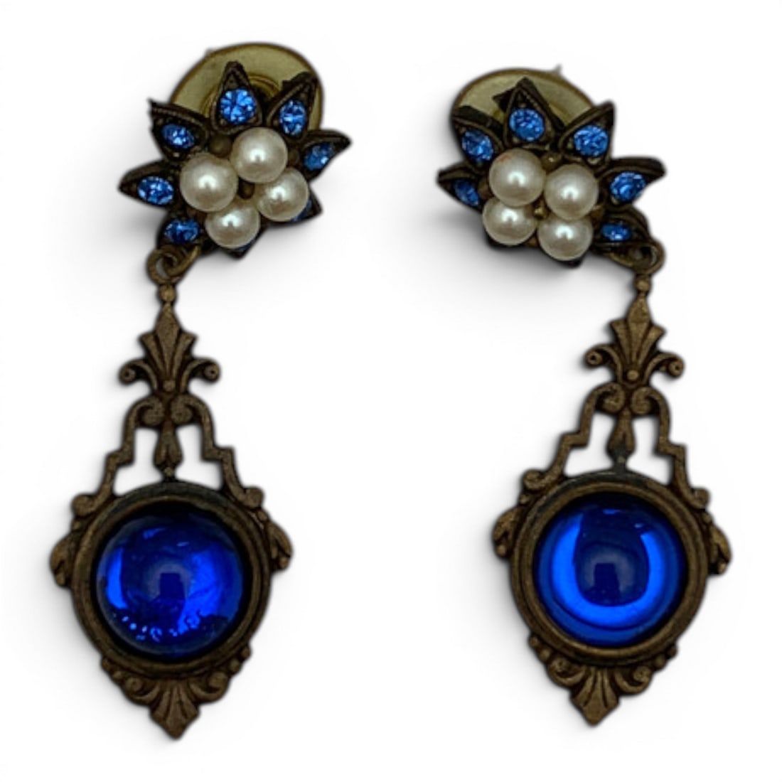 Pair Of Vintage Fashion Dangle Earrings: Pair Of Vintage Fashion Earrings Featuring Blue Stones & Faux Pearls 2 1/4" Long