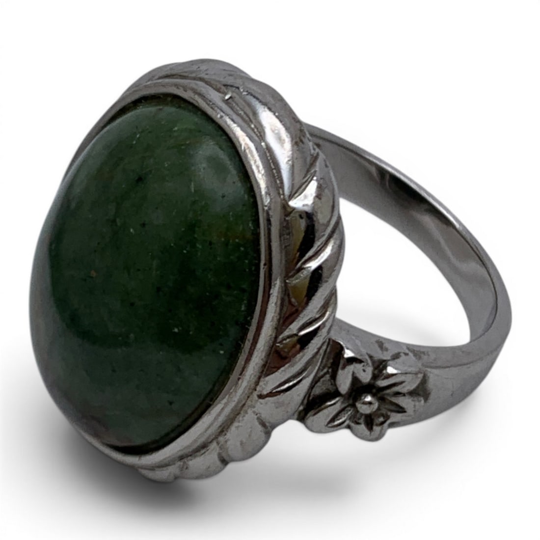 Sterling Silver & Large Green Stone Ring - 5