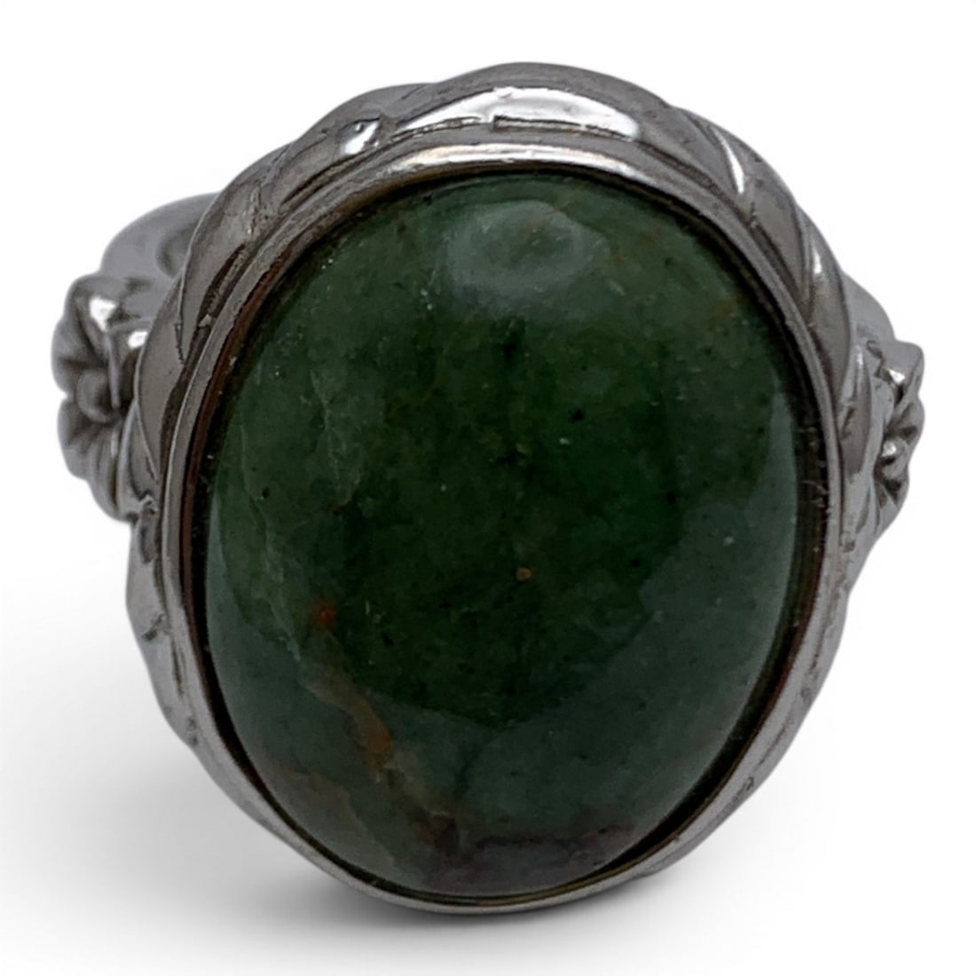 Sterling Silver & Large Green Stone Ring - 6