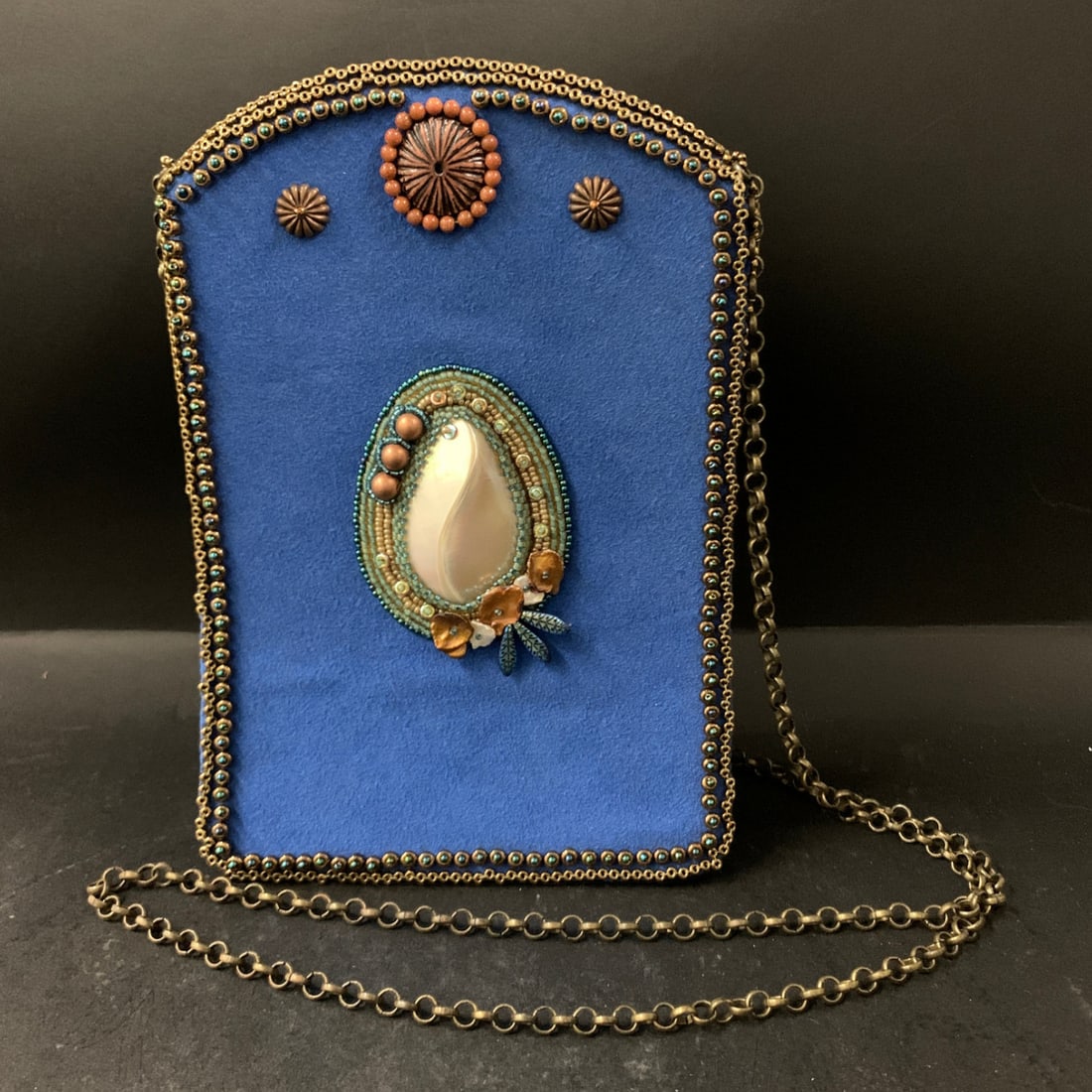 Blue Handcrafted Clutch: Blue Handcrafted Clutch Featuring A Central Seashell Embellishment And Metallic Trim8 1/4" Long