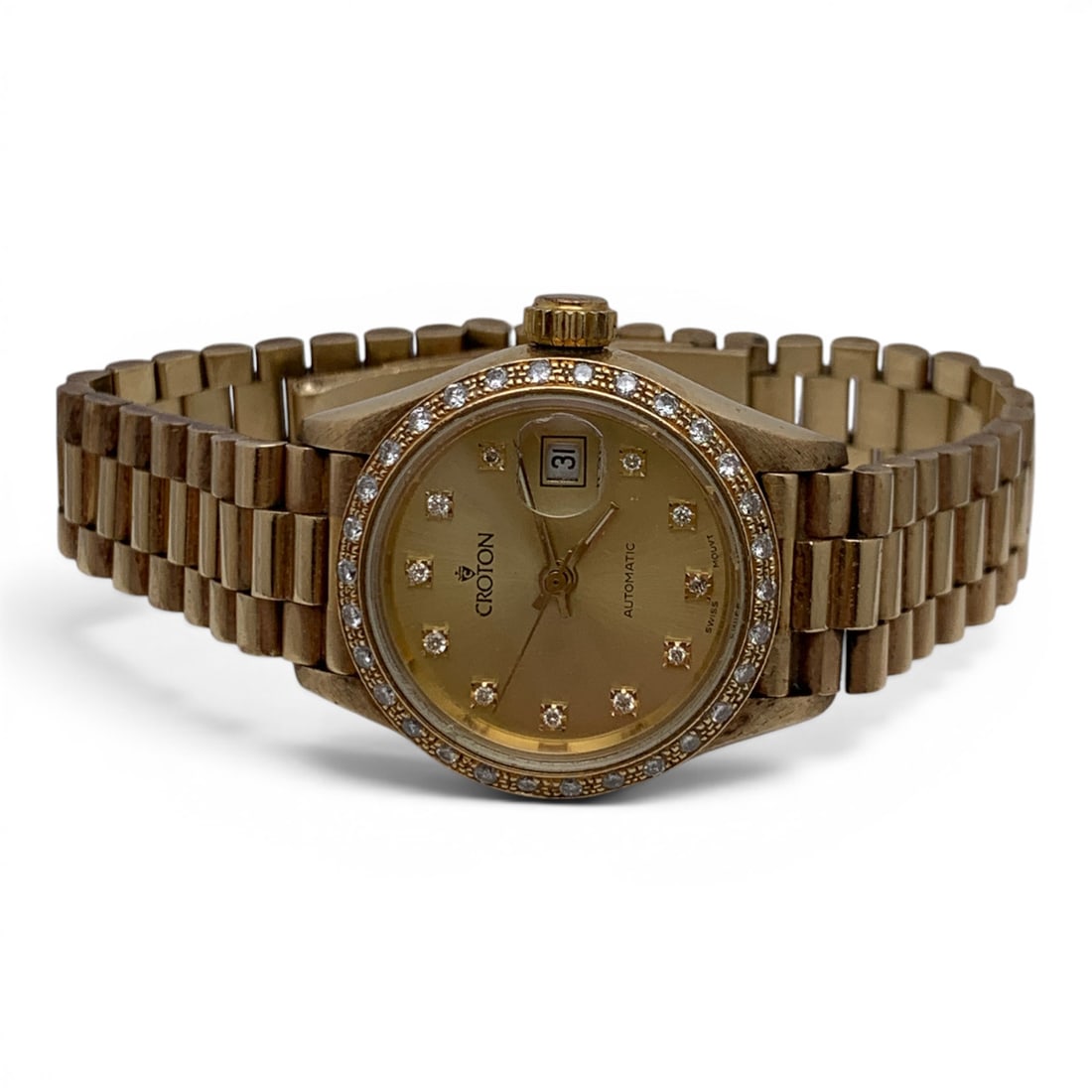 Vintage Croton 14k Gold & Diamond Italian Watch: Vintage Croton 14k Yellow Gold & Diamond Italian Wrist WatchMarked On Face: Croton, Swiss MovtMarked On Back: Croton, Italy, 14k 585Marked On Band: 14k Italy1" Face Diameter - 38.9 Dwt