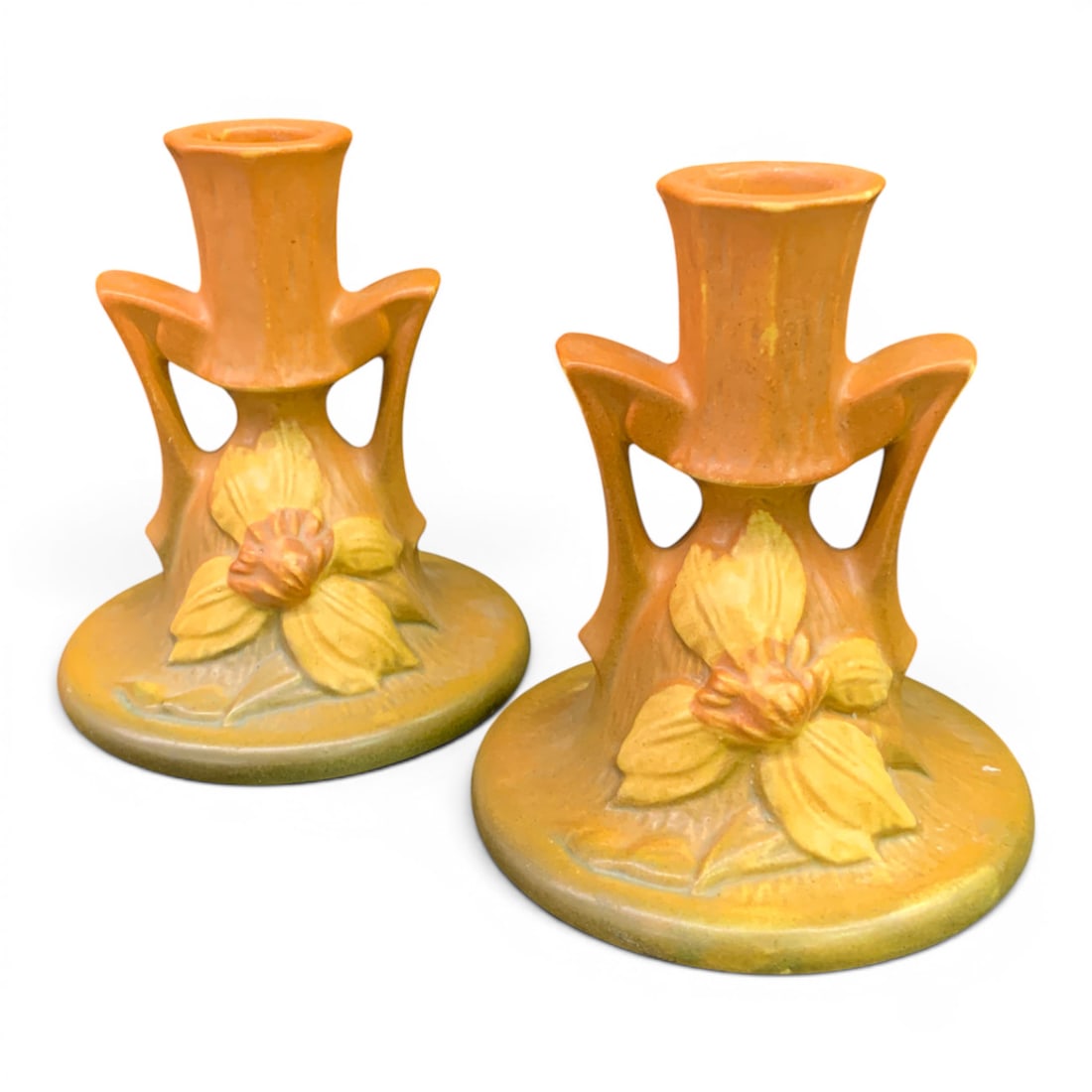 Pair Of Roseville Clematis Candle Sticks: Roseville 1159-11 1/2". 4.75" Tall.