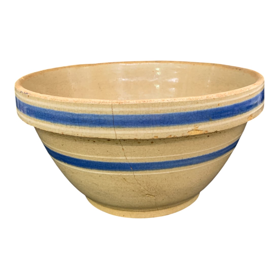 Antique Yellow Ware Stoneware Mixing Bowl: Antique Yellow Ware Stoneware Mixing Bowl Featuring Classic Blue Banded Decoration10 1/2" Diameter