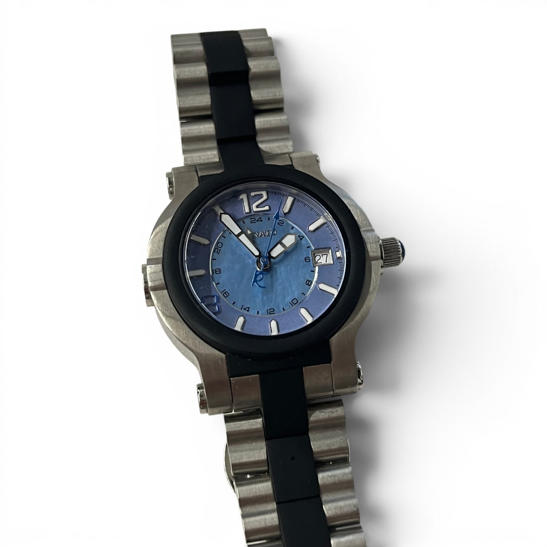 Renato Limited Edition G M T Wristwatch: Renato Limited Edition G M T Wristwatch With A Blue Mother Of Pearl DialMarked On Face: Renato, Swiss Movt, Hand MadeMarked On Back: R C 399/505 Limited Edition, 1 1/2" Face DiameterIncludes Extra Lin