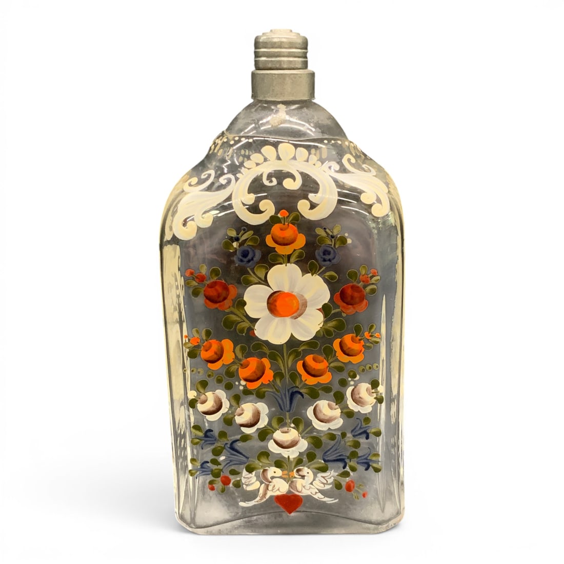 Vintage Peter Wolke German Flask: Vintage Peter Wolke German Flask Featuring Hand Crafted And Hand Painted Enamled Floral Designs 7 1/2" Tall