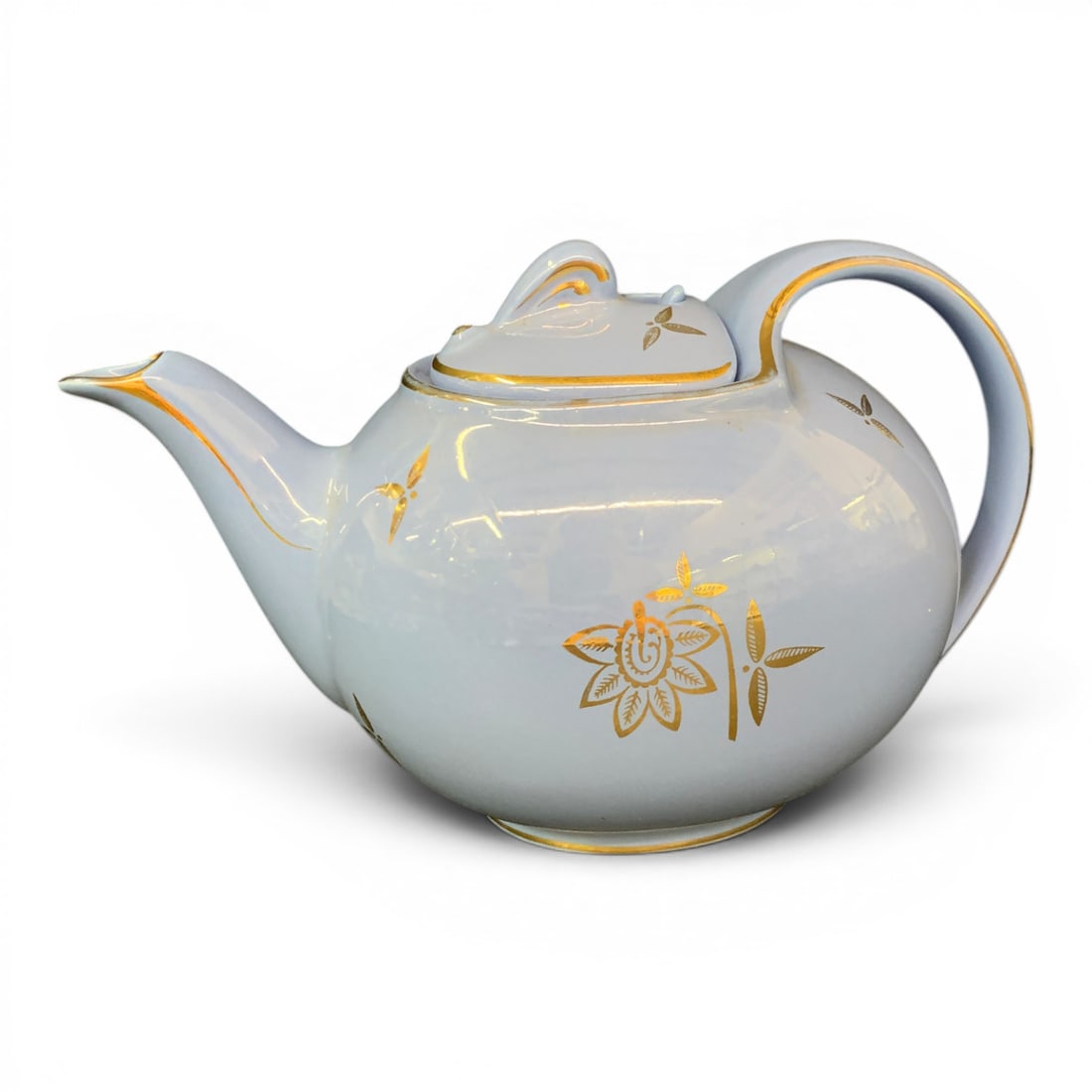 Vintage Hall Blue Teapot: Vintage Hall Teapot Featuring A Cadet Blue Finish With A Gold Floral Design And A Hook LidMarked On Bottom: Hall, 0749, 6 Cup, Made In Usa9 1/2" Long