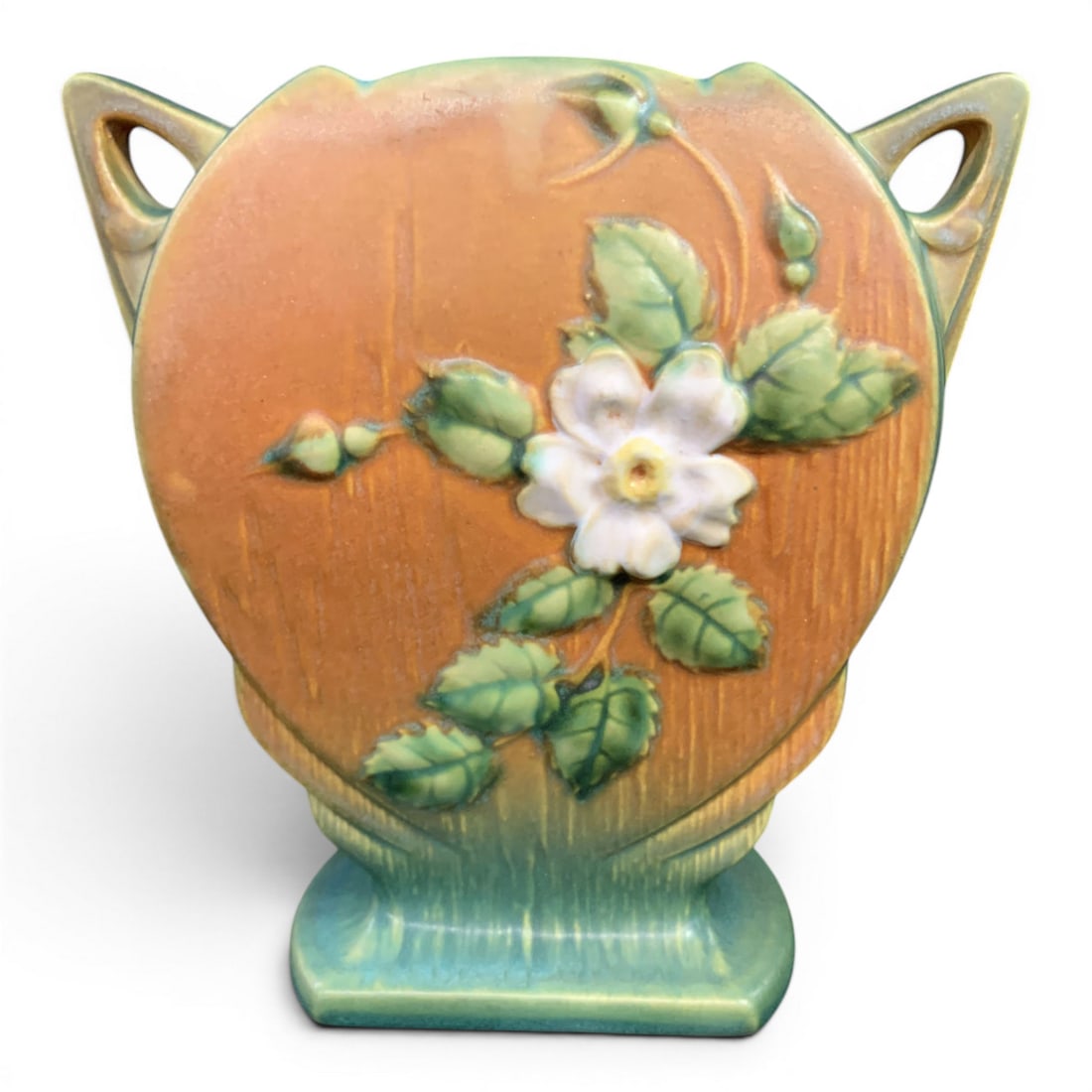 Roseville White Rose Pottery Pillow Vase: Roseville White Rose Pottery Pillow Vase Featuring A White Floral Design And Dual Handles Marked On Bottom: Roseville Usa, 984-88 3/8" Tall