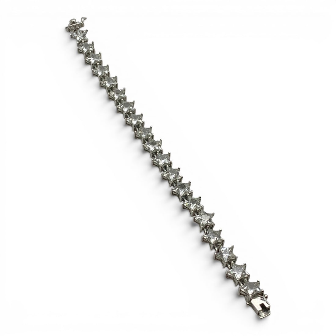 Sterling Silver & Clear Stone Star Bracelet: Sterling Silver Bracelet Featuring Heart Shaped Clear Stones Marked 925 - 8" Long - 22.1 Grams