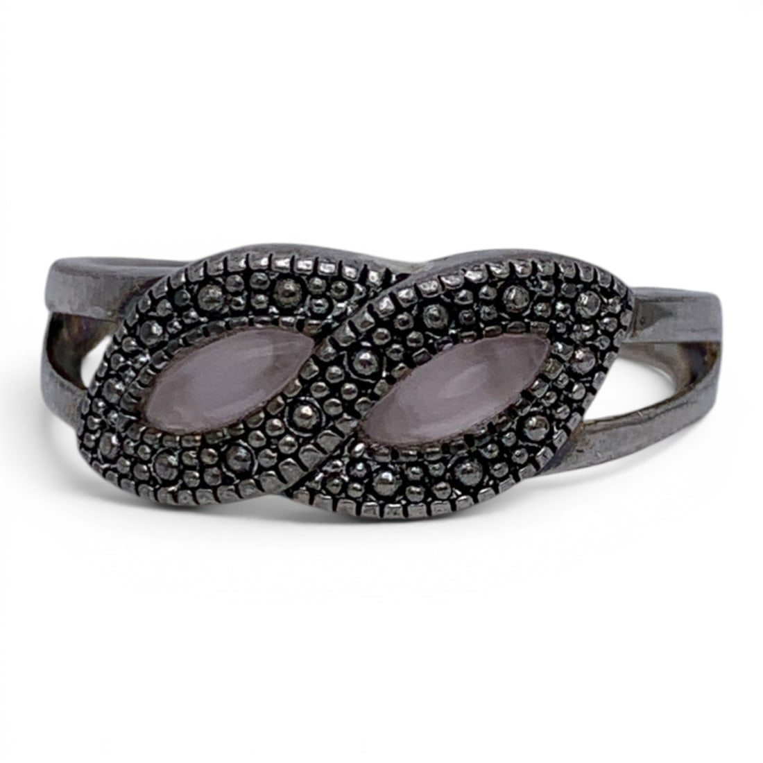 Sterling Silver & Pink Stone Ring: Sterling Silver Ring With An Infinity Design Featuring 2 Pink Stones Marked 925 - Size 10 - 3.1 Grams