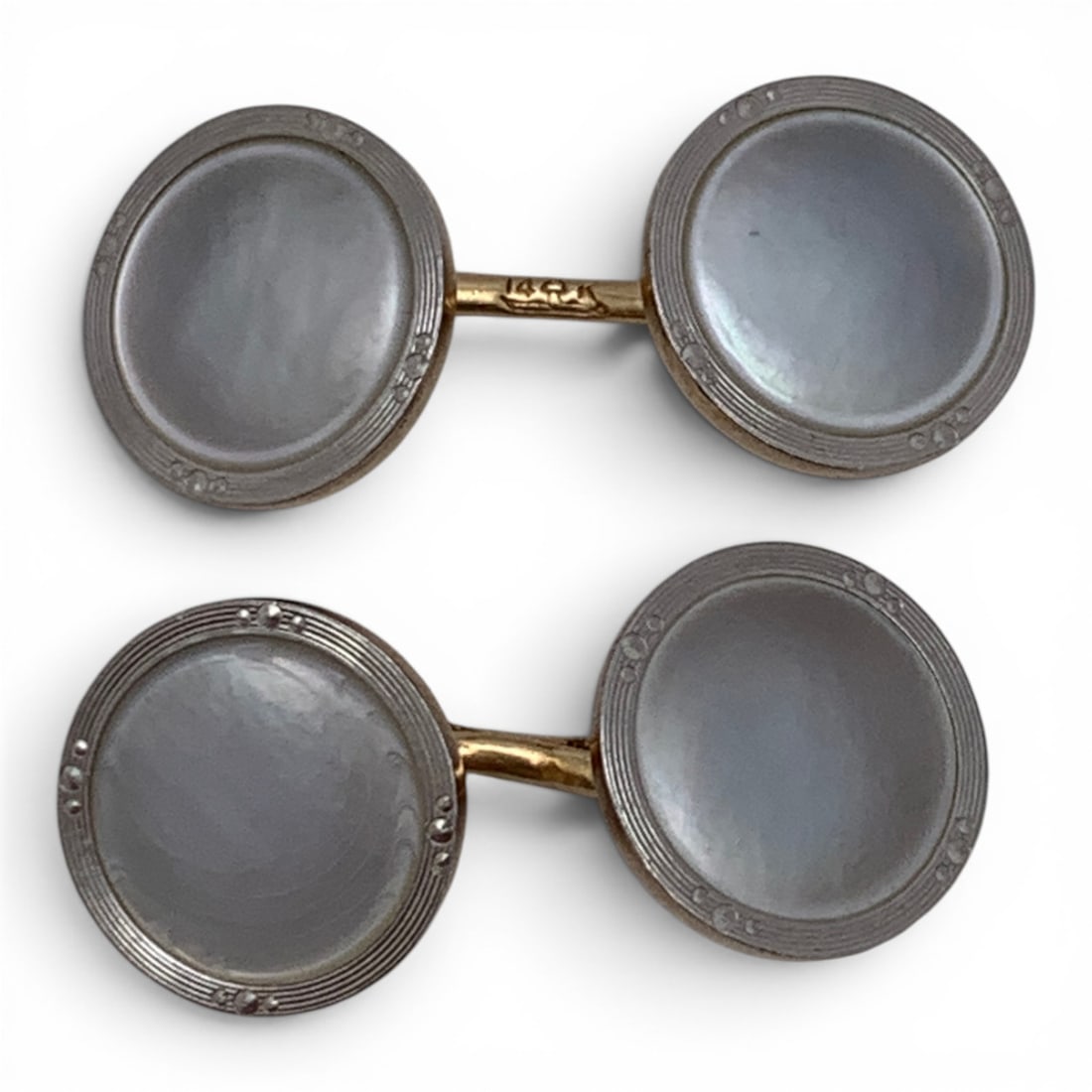 14k Two Tone Gold & Mother Of Pearl Cuff Links: Pair Of 14k Yellow & White Gold Cuff Links Featuring Inlaid Mother Of Pearl Stones Marked 14k - 3/4" Long - 3.5 DwtGemstones Tested With Presidium Gem Tester Il - Berners Does Not Guarantee Authentici