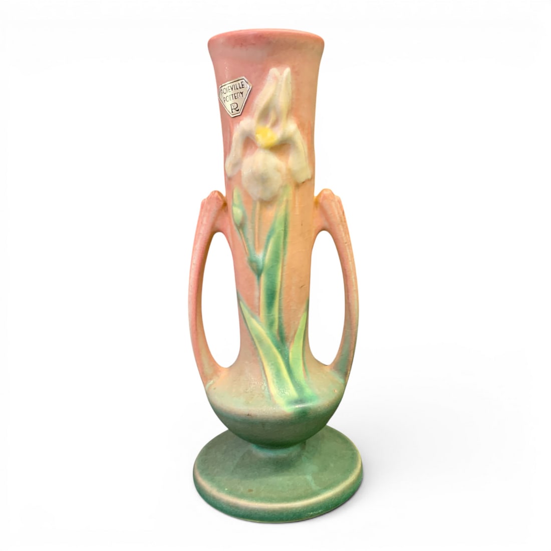 Vintage Roseville Zephyr Lily Bud Vase: Vintage Roseville Pottery Zephyr Lily Bud Vase Featuring Pink And Green Glaze Marked On Bottom: Roseville, 918-77 3/4" Tall