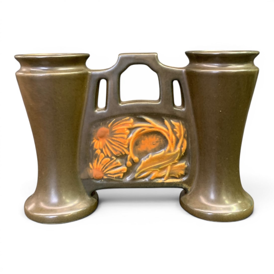 Vintage Roseville Rosecraft Panel Double Bud Vase: Vintage Roseville Rosecraft Panel Double Panel Bud Vase Bears Mark On Bottom7 1/2" Long