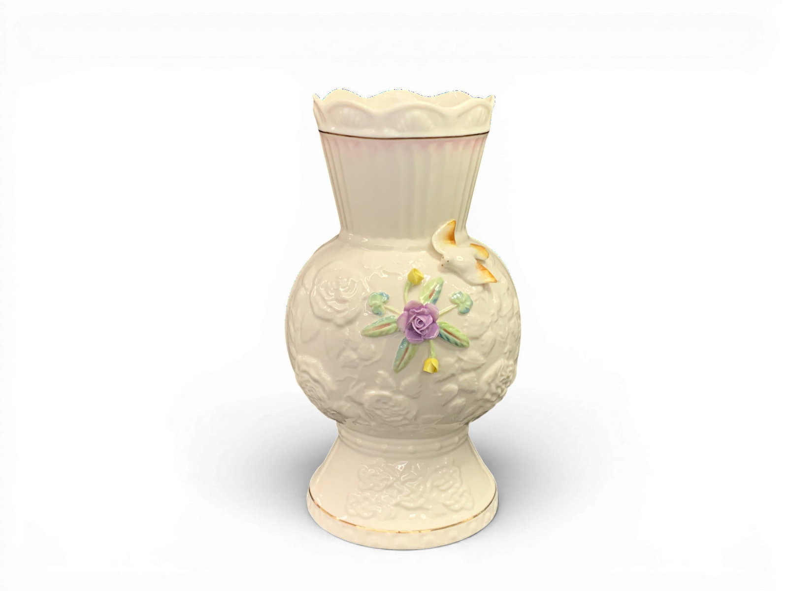 2007 Belleek Porcelain "songbird" Vase: 2007 Belleek Porcelain "songbird" Vase Featuring Raised Hand Painted Floral Motifs And A Dimensional Finch Bird Marked On Bottom: Belleek Ireland 1857-2007, Songbird Vase Issued 2007, Desinged By