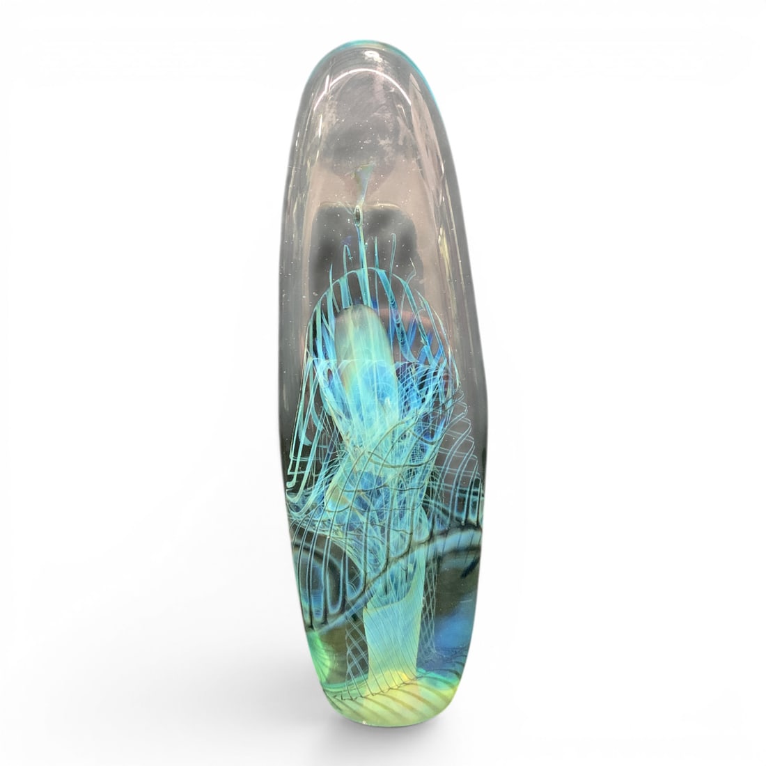 Szade 1988 Blue Art Glass Paperweight: 1988 Szade Art Glass Paperweight Featuring Blue Glass & A Crisscross Line PatternMarked On Bottom Rim: Szade 887 1/2" Tall
