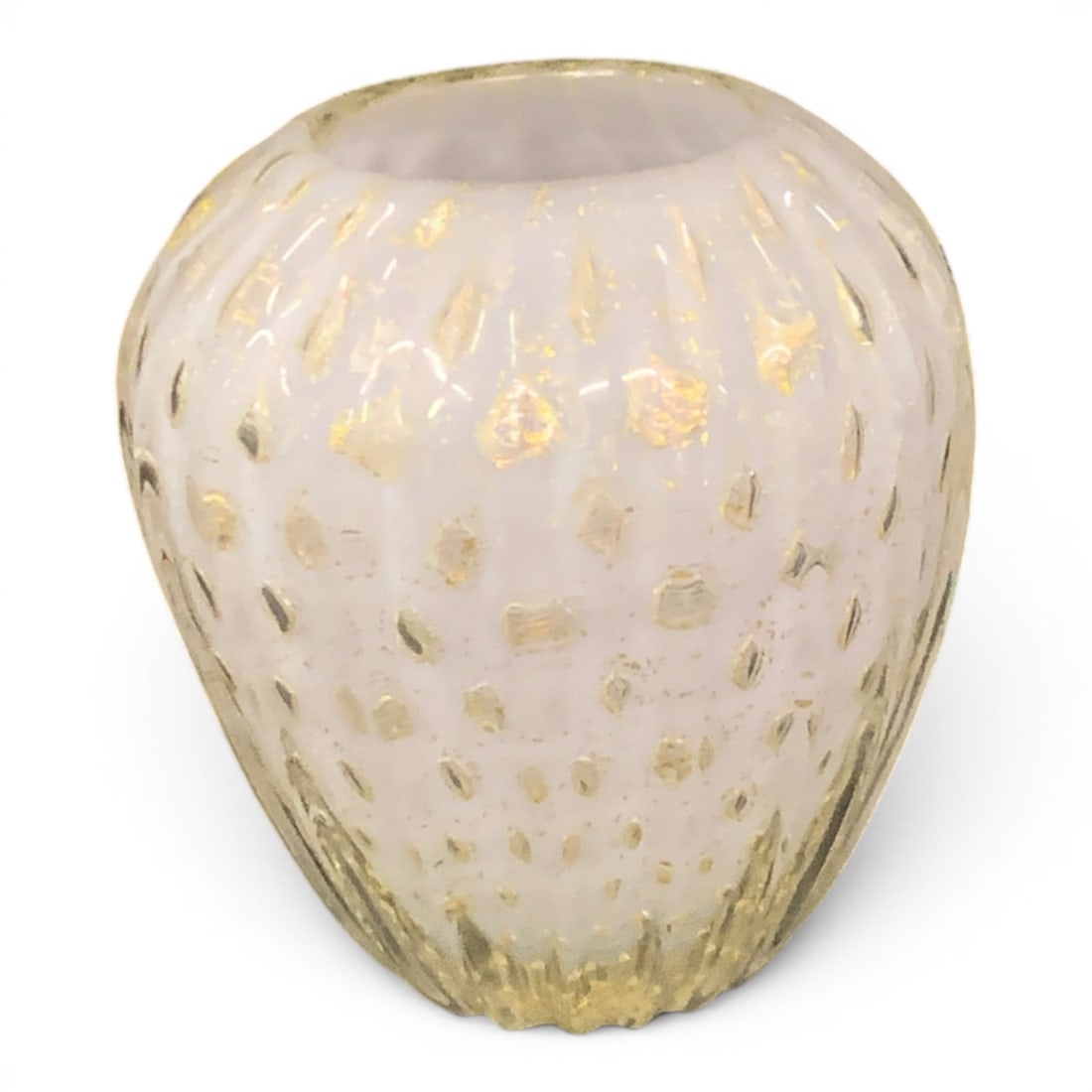 Mid- Century Murano Glass Vase: Mid- Century Murano Glass Vase Featuring A Purple Tinted Ribbed Body With Gold Inclusions2 7/8" Tall