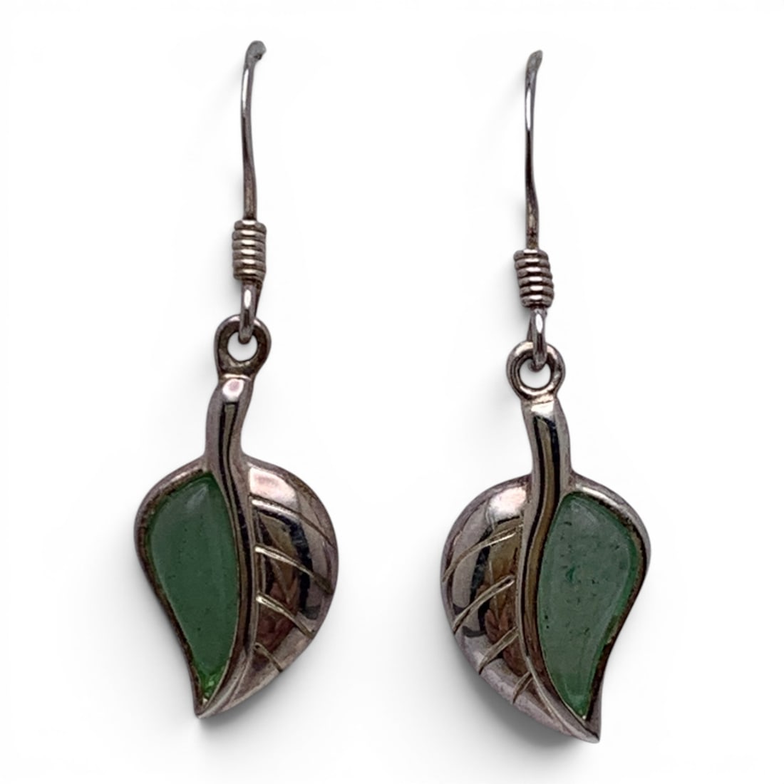 Pair Of Sterling Silver & Jade Leaf Earrings: Pair Of Sterling Silver Earrings Featuring A Jade Leaf Marked 925 - 1 1/4" Long - 2.4 Grams