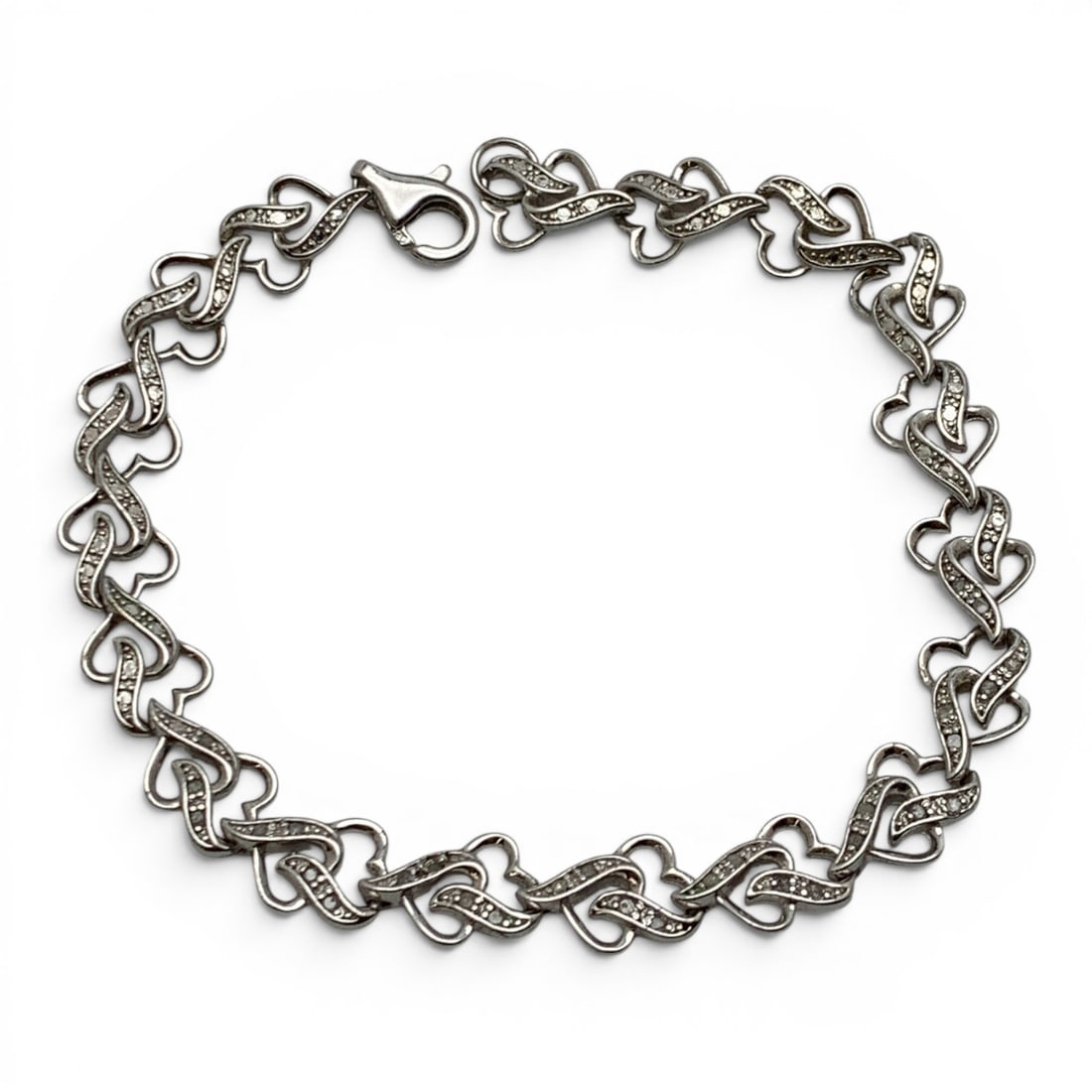 Sterling Silver & Diamond Heart Bracelet: Sterling Silver Bracelet With A Heart Design Featuring Diamonds Marked 925 - 8" Long - 10.4 Grams