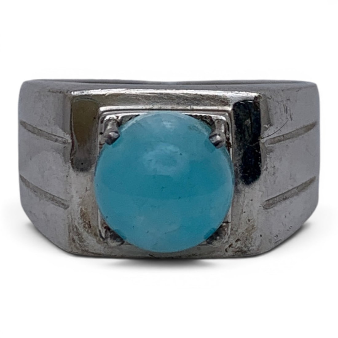 Sterling Silver & Blue Stone Ring: Sterling Silver Ring Featuring A Round Blue Stone Marked 925 - Size 10 - 6.7 Grams