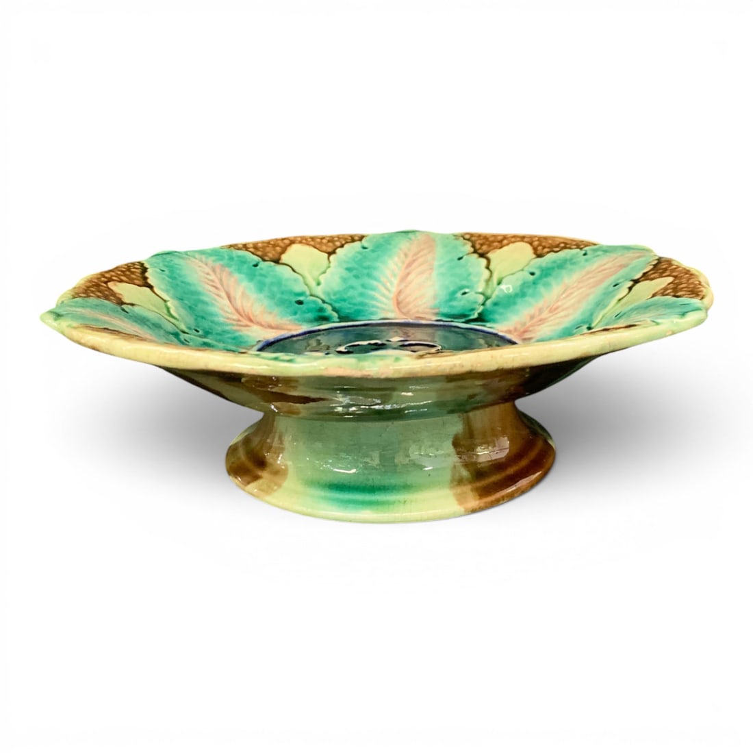 Antique Majolica Pottery Pedestal Bowl: Antique Majolica Pottery Pedestal Bowl Featuring A Vibrant Green And Brown Glaze In A Leafy Pattern 3" Tall - 10 1/8" Diameter