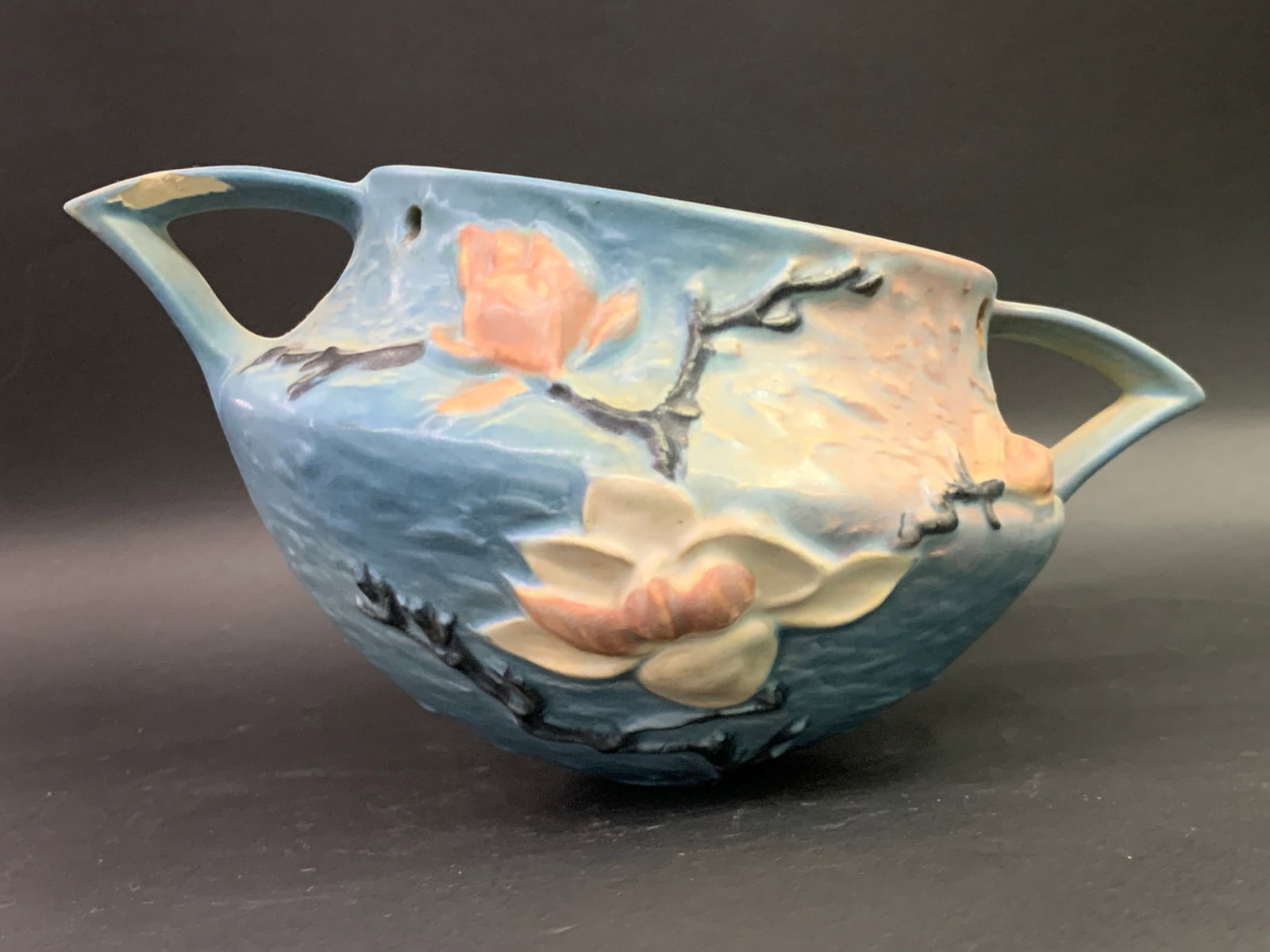 Roseville Blue Magnolia Pottery Hanging Planter (1 of 10)