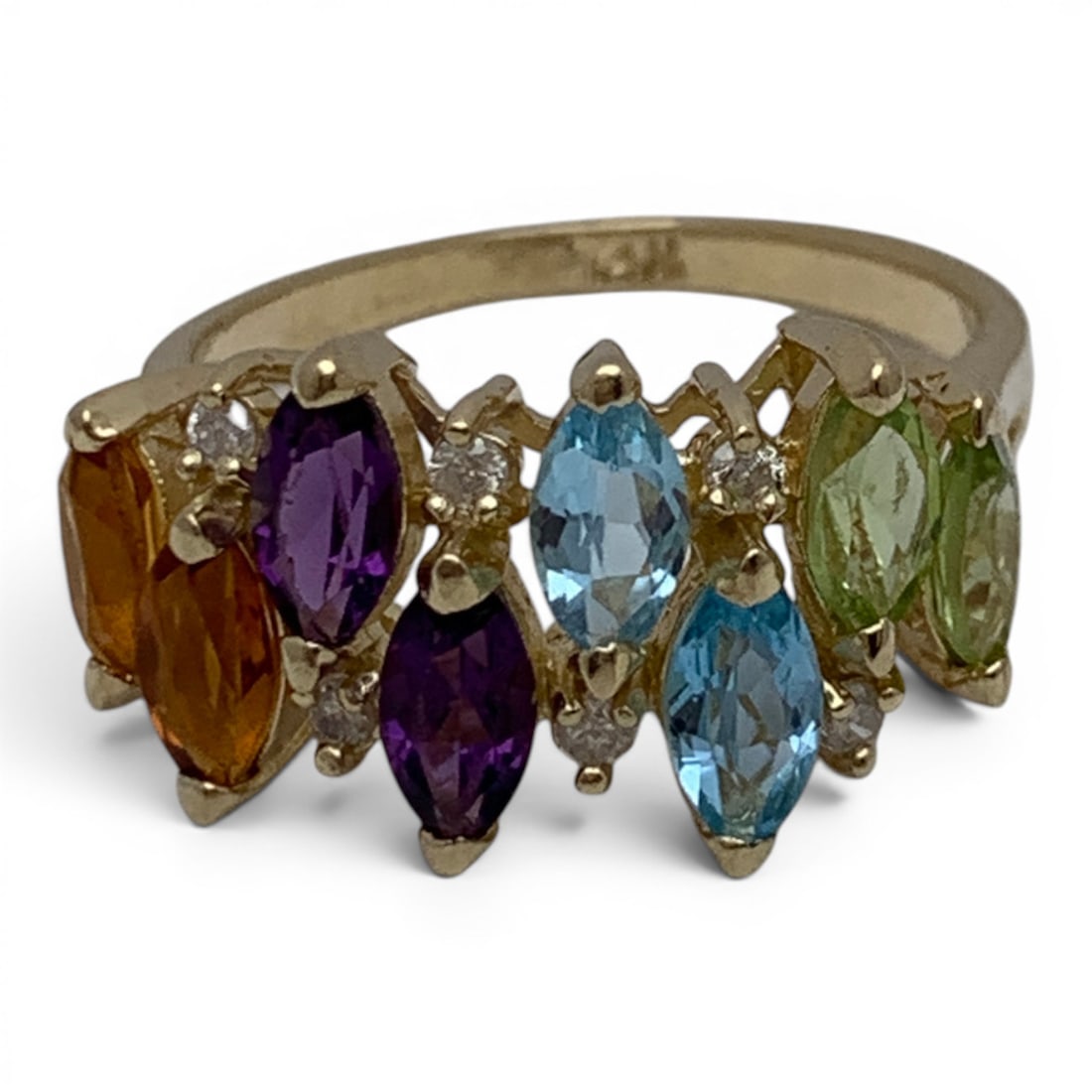 14k Yellow Gold Diamond & Colored Stone Ring: 14k Yellow Gold Ring Featuring Colored Gemstones & 5 Round Cut Diamonds Approx. 0.02ct Each Marked 14k - Size 6 - 2.2 DwtGemstones Tested With Presidium Gem Tester Il - Berners Does Not Guarantee Auth