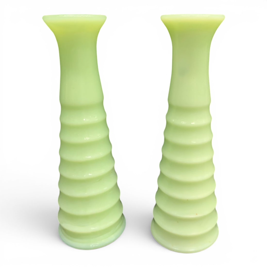Pair Of Vintage Jeanette Glass Uranium Vases: Pair Of Vintage Jeanette Glass Uranium Jadeite Beehive Bud Vases6 1/4" Tall