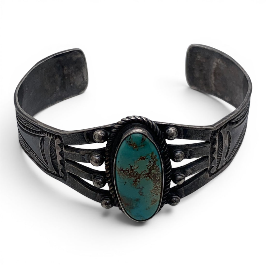 Fred Peshlakai Silver & Turquoise Cuff Bracelet: Fred Peshlakai Sterling Silver & Blue Turquoise Gemstone Cuff Bracelet Marked On The Interior F. P. With The Short Arrow MarkingMarked: F. P.2 3/8" Inside Width - 36.4 Grams