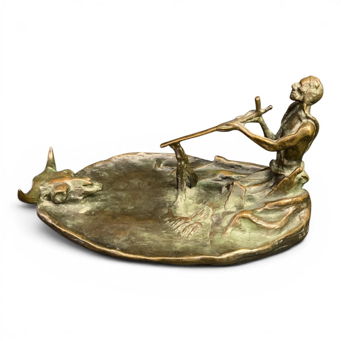 Charles Marion Russel Roman Bronze Works Sculpture: Roman Bronze Works Bronze Sculpture Titled "smoking With The Spirit Buffalo" By Artist Charles Marion Russell Depicting An Indigenous Man Seated On The Ground Holding A Pipe With A Buffalo Skull Posit