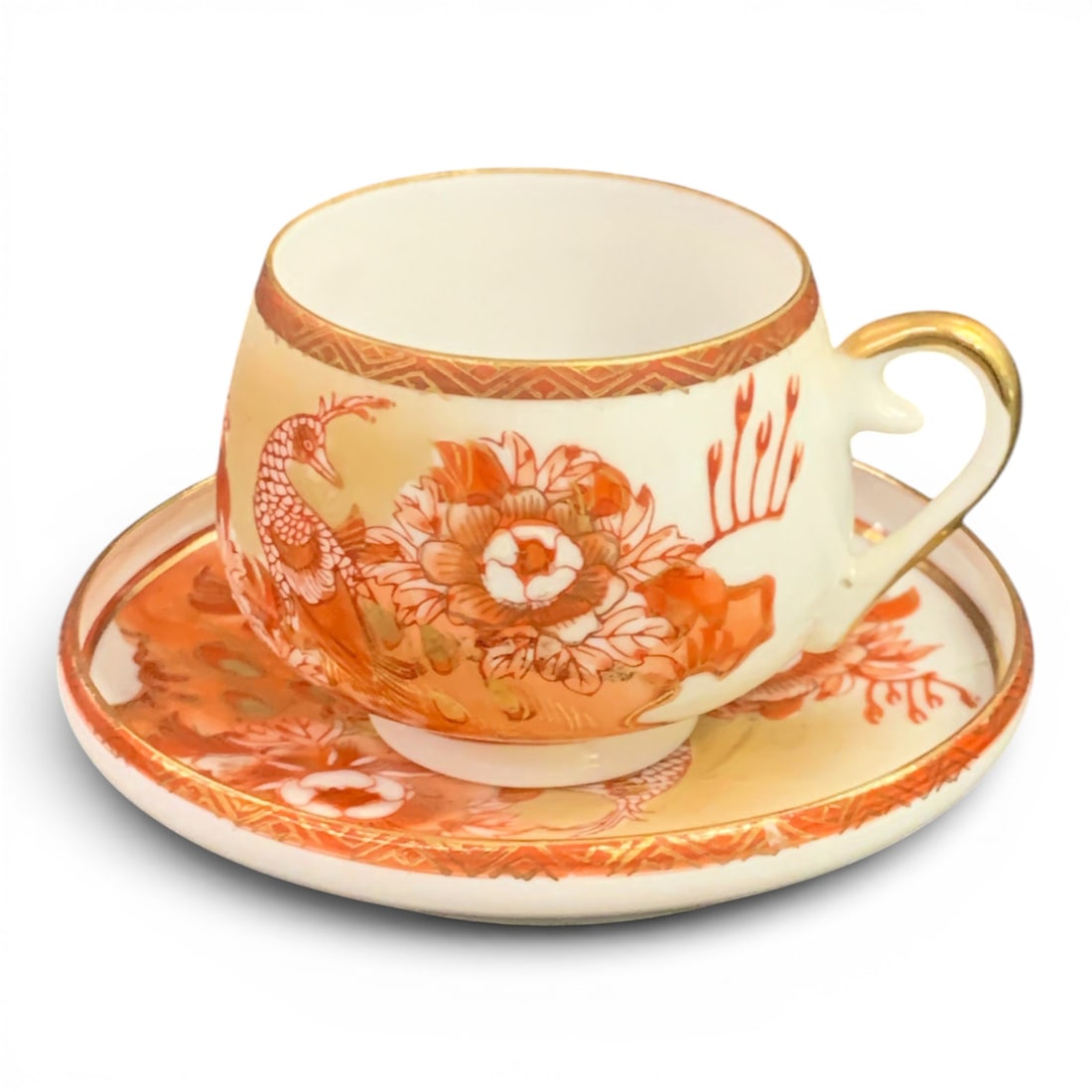 Vintage Kutani Eggshell Porcelain Teacup & Saucer: Vintage Kutani Eggshell Porcelain Teacup & Saucer Set Featuring Red Peacock And Peonies Design With Gold TrimSigned On BottomCup: 2" TallSaucer: 3 3/4" Diameter