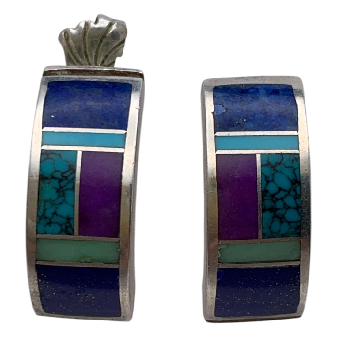 Pair Of Sterling Silver & Inlaid Stone Earrings: Pair Of Sterling Silver & Inlaid Stone Earrings Marked Sterling - 7/8" Long - 7.3 Grams