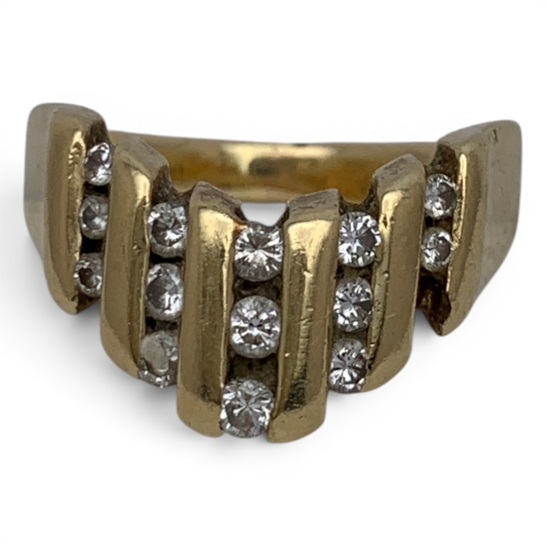 Vintage 14k Yellow Gold & Diamond Ring: 14k Yellow Gold Ring With A Waterfall Design Featuring Round Cut White DiamondsMarked 14k - Size 7.5 - 5.2 DwtRing Is Missing 1 Round Cut DiamondGemstones Tested With Presidium Gem Tester Il -