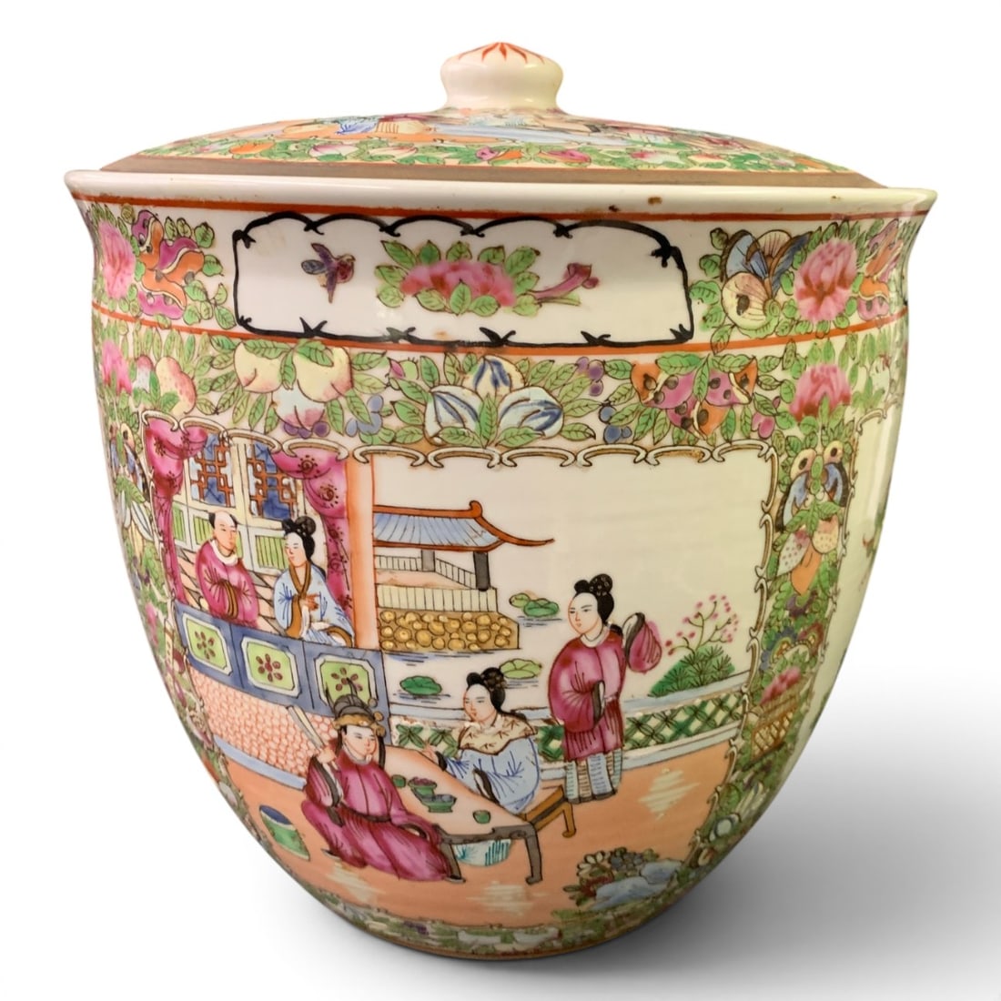 Large Signed Chinese Famille Rose Medallion Bowl: Large Signed Chinese Famille Rose Medallion Porcelain Lidded Bowl Featuring Hand Painted Scenes Of People And FlowersSigned On Bottom12 1/2" Tall