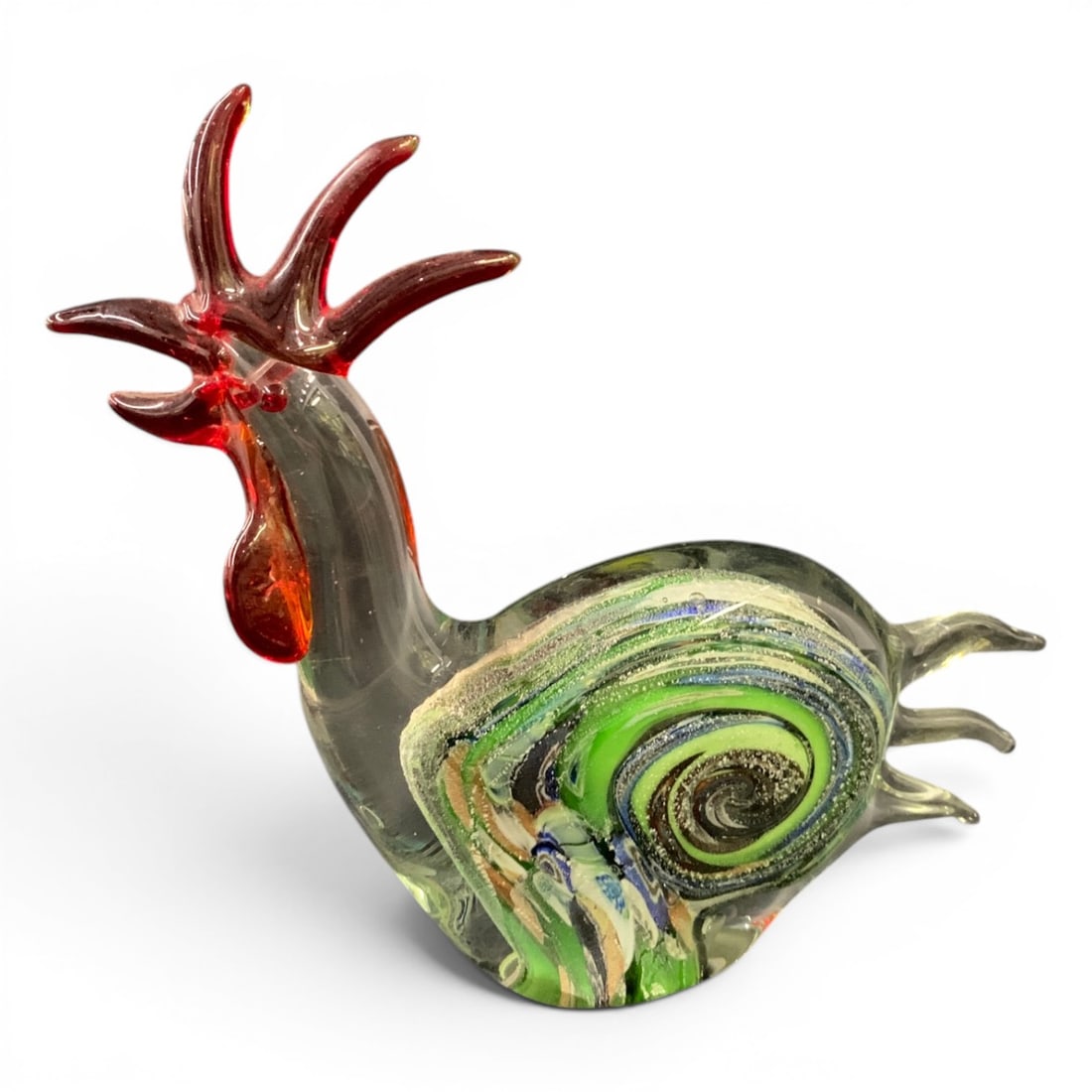Art Glass Rooster Figurine: Art Glass Rooster Figurine Featuring A Green And Blue Spiral Pattern In Its Body And Bright Red Glass For The Comb And Wattle9" Tall - 10 3/4" Long
