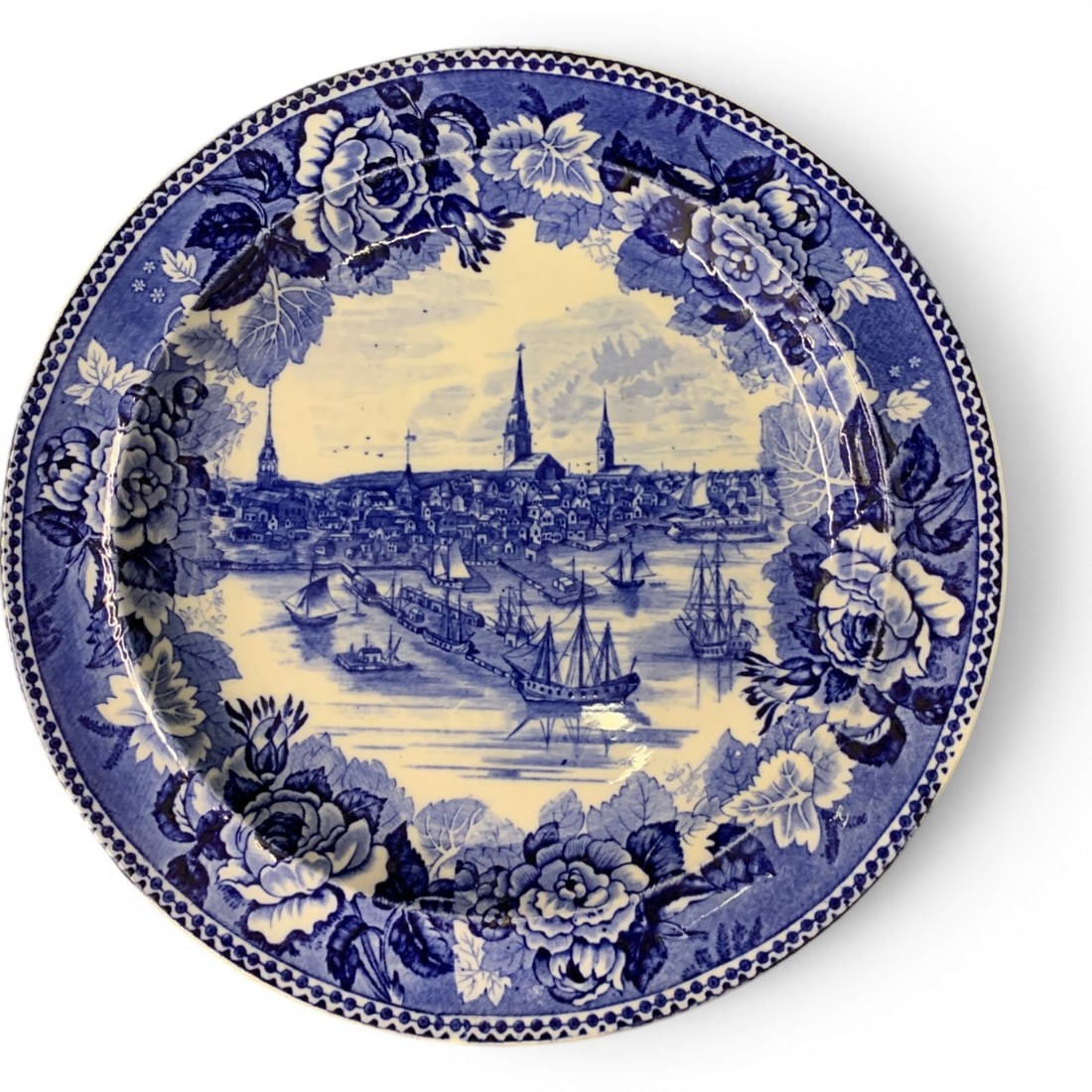 Wedgwood Boston In 1768 Commemorative Plate: Wedgwood Botson In 1768 Commmemorative Plate In A Blue And White Transferware Pattern Marked On Bottom: Wedgwood England, Boston In 17689 1/4" Diameter
