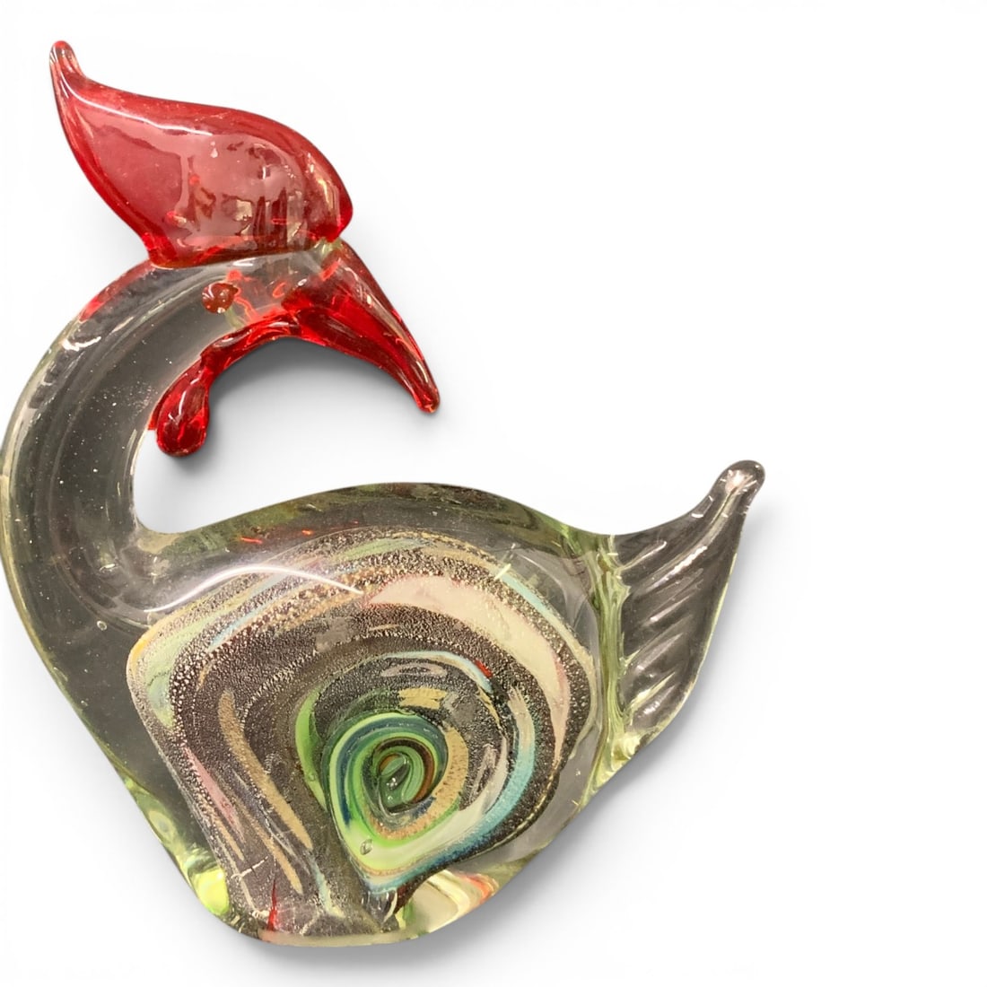 Art Glass Rooster Figurine: Art Glass Rooster Figurine Featuring Spiral Pattern In Its Body And Bright Red Glass For The Comb And Wattle8 5/8" Tall - 7 1/2" Long