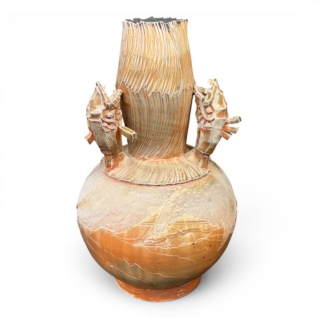 Signed Terracotta Art Pottery Fish Vase: Signed Terracotta Art Pottery Vase Featuring A Textured Design And Applied Fish Like HandlesSigned On Bottom: 9015" Tall2 Fins On 2 Different Fish Are Missing - See Photos