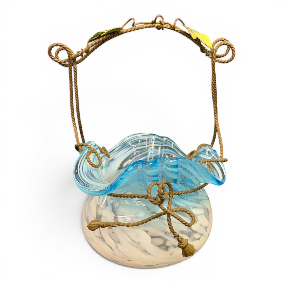 Vintage Murano Style Art Glass Purse Vase: Vintage Murano Style Art Glass Purse Vase Featuring A Blue And White Design And A Twisted Metal Handle8" Tall