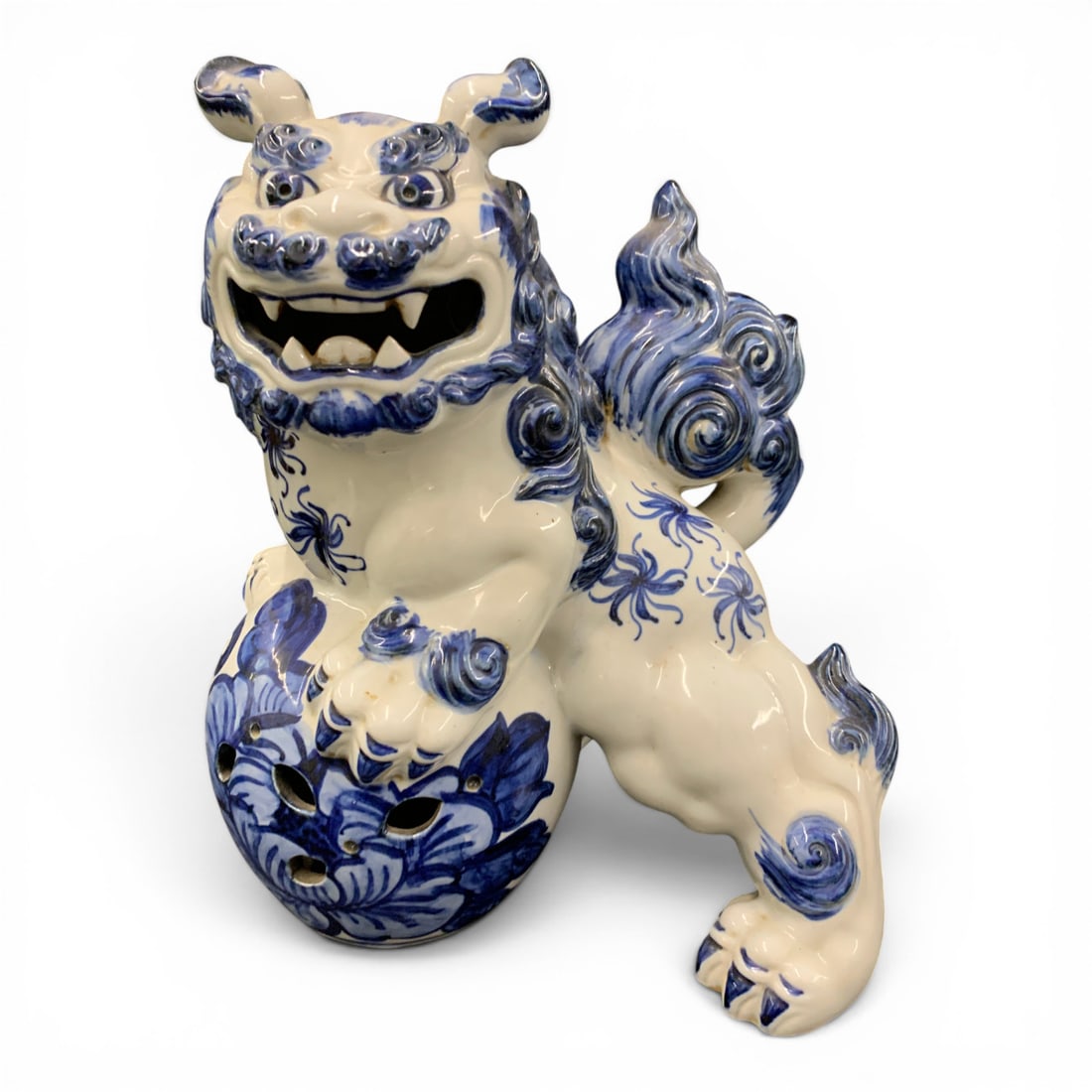 Vintage Porcelain Foo Dog Figurine: Vintage Porcelain Foo Dog Figurine Featuring A Blue And White Glaze 11 3/4" Tall
