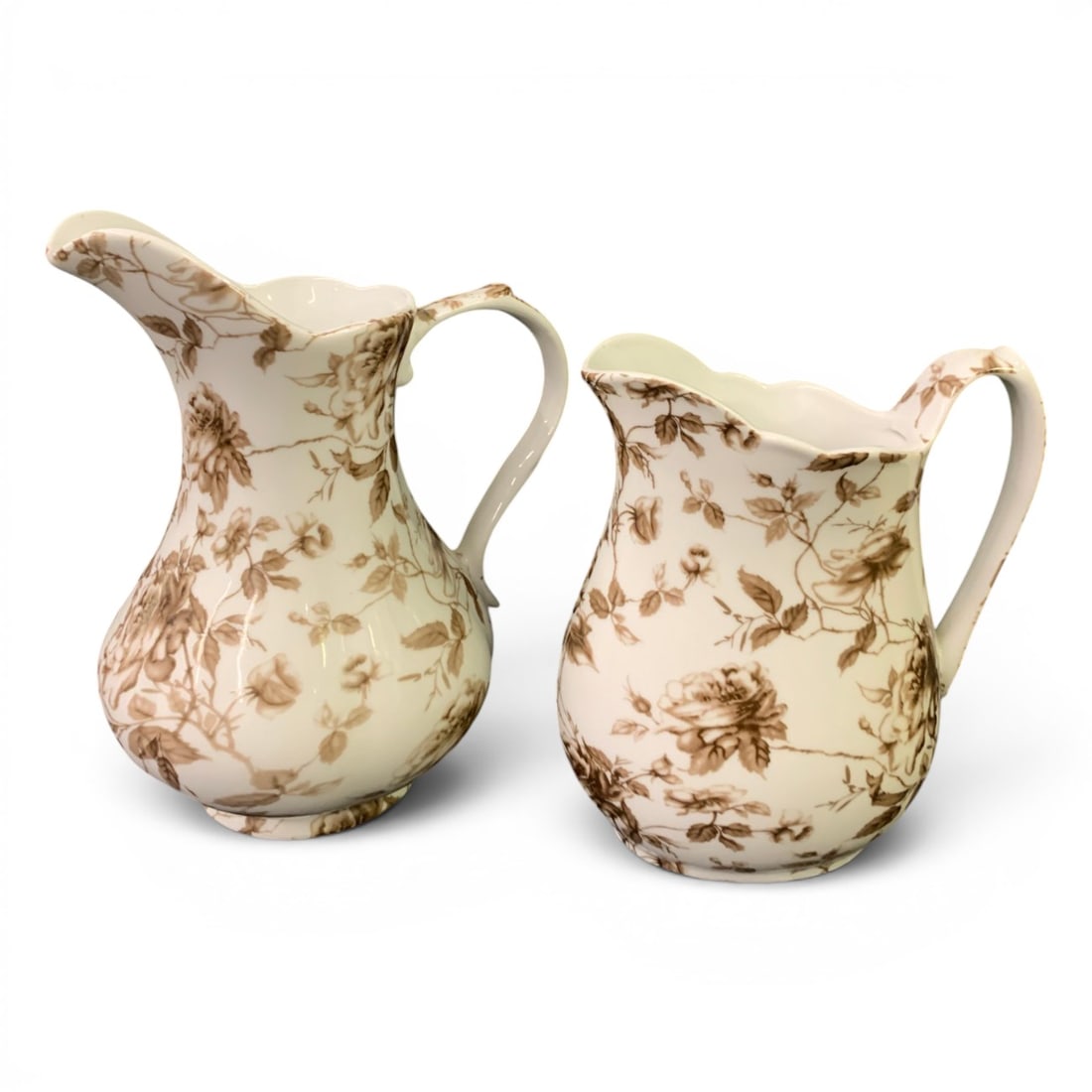 2 Vintage Antique Reflections Porcelain Pitchers: 2 Vintage "antique Reflections" Porcelain Pitchers By I. Godinger & Co Featuring A Brown Transferware Floral Pattern6" & 7 1/2" Tall