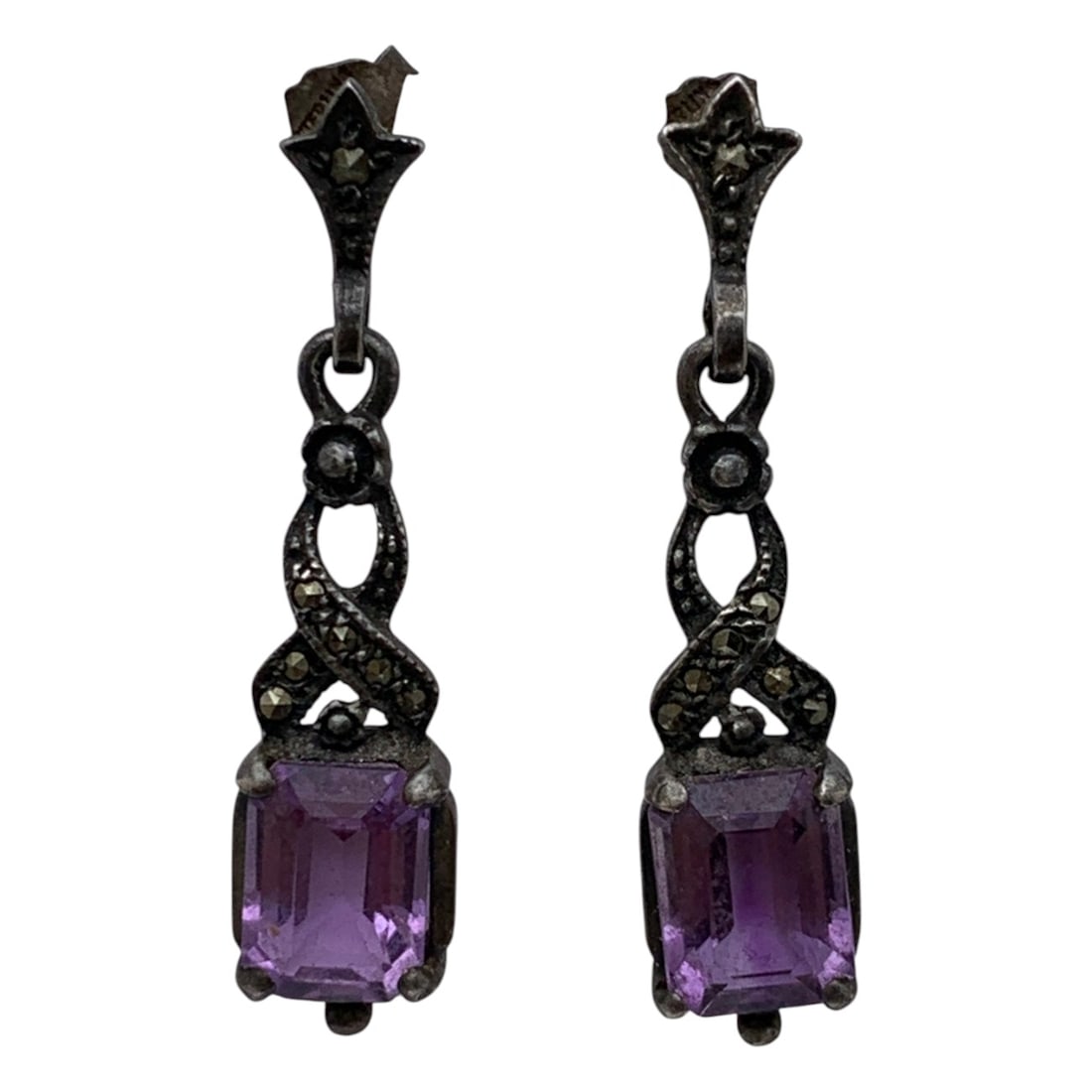 Sterling Silver Marcasite & Purple Stone Earrings: Sterling Silver Marcasite & Purple Stone Earrings Marked Sterling - 1 1/4" Long - 3.4 Grams
