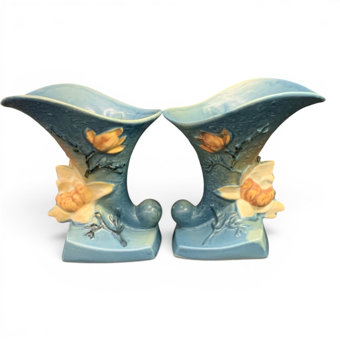 Pair Of Roseville Magnolia Cornucopia Vases (1 of 6)