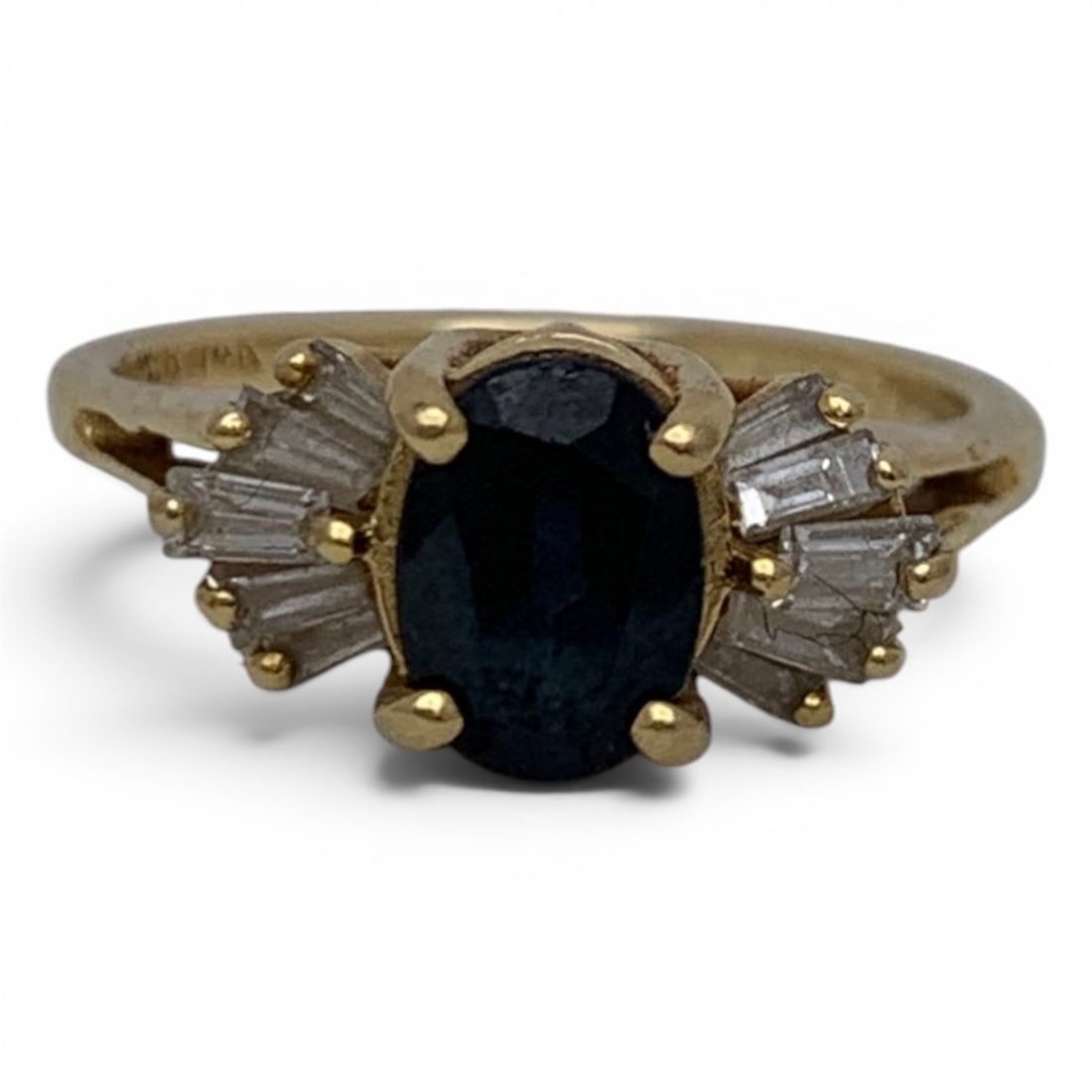 Vintage 14k Yellow Gold Diamond & Sapphire Ring: Vintage 14k Yellow Gold Ring Featuring A Prominent Oval Cut Blue Sapphire Gemstone Flanked By Baguette Cut White Diamonds Tests 14k - Size 5.25 - 2.1 DwtGemstones Tested With Presidium Gem Tester Il -