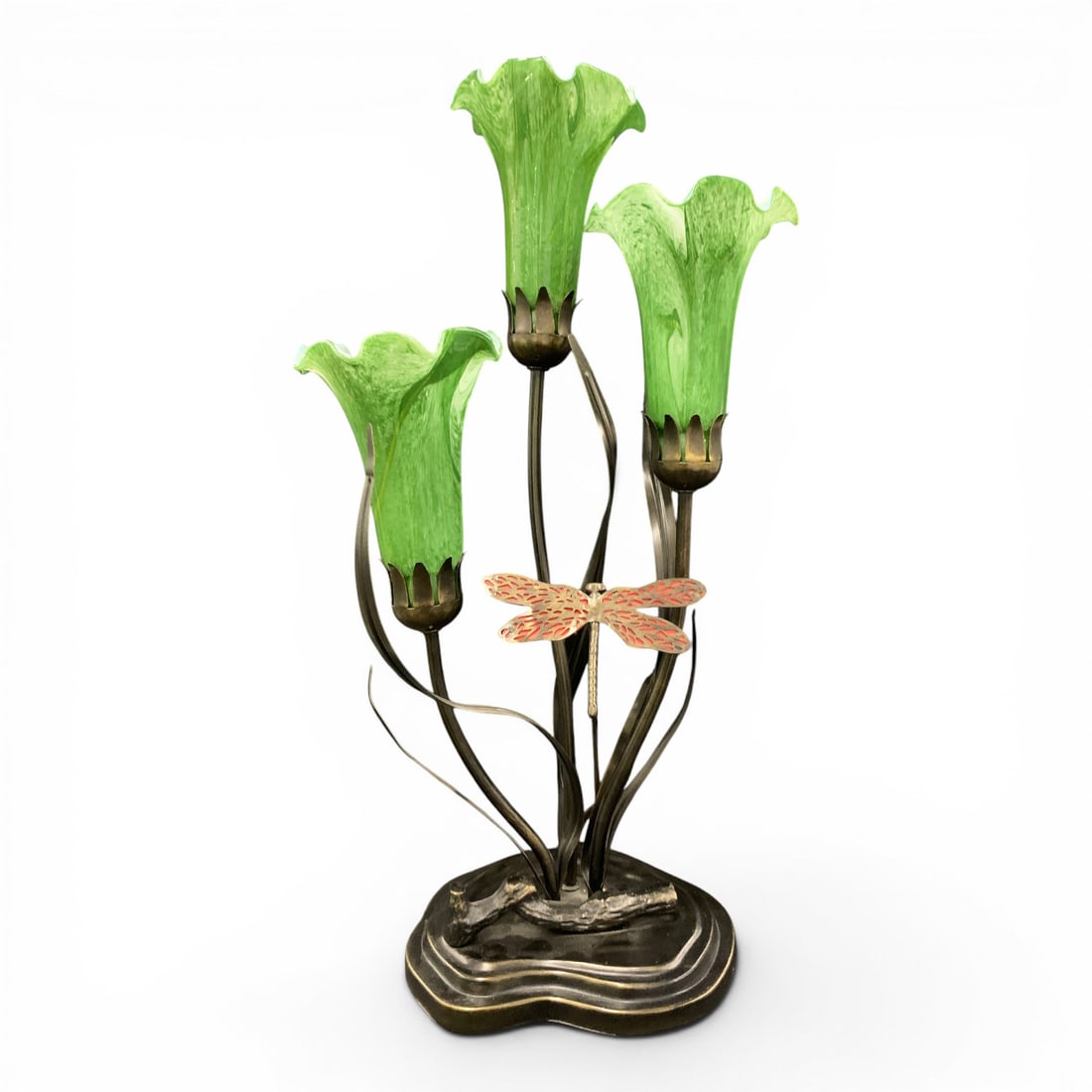 Red & Green Dragonfly Table Lamp: Red & Green Dragonfly Table Lamp Featuring Green Art Glass Tulip Shades And A Red Dragonfly21 1/4" Tall