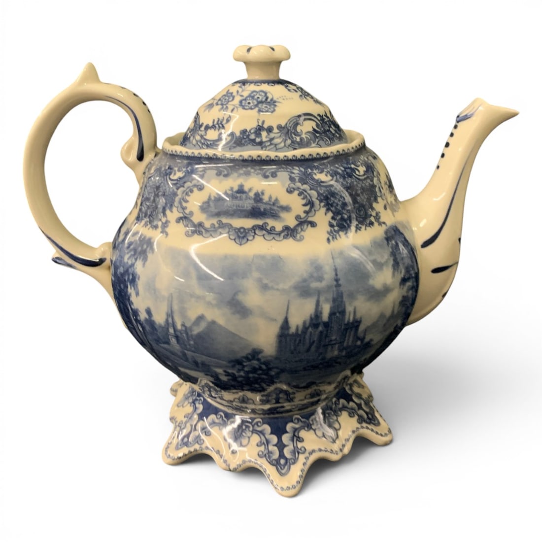 Vintage Victoria Ware Ironstone Teapot: Vintage Victoria Ware Ironstone Teapot Featuring A Blue And White Landscape SceneBears Seal On Bottom8 1/4" Tall