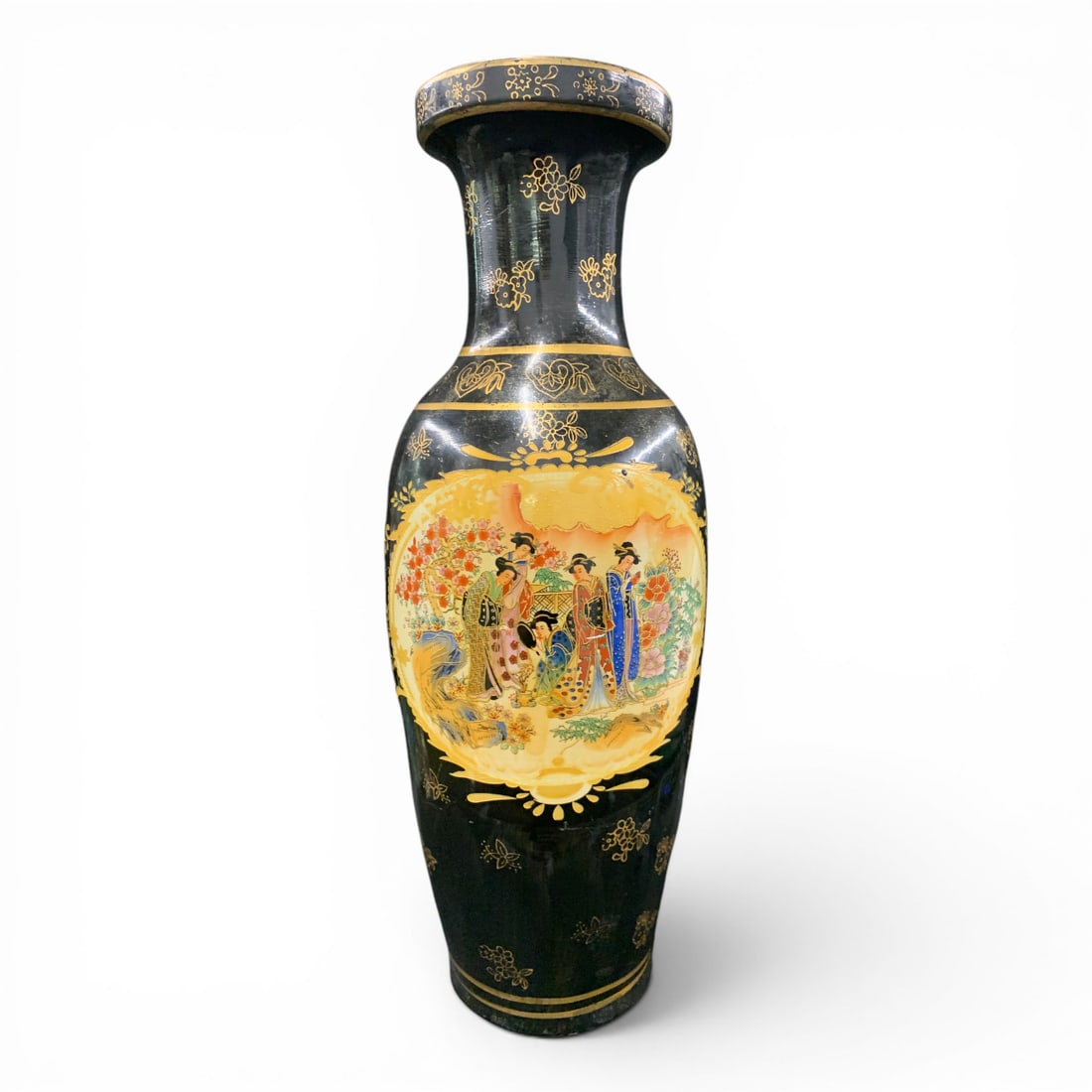 Vintage Japanese Floor Vase: Vintage Japanese Floor Vase Featuring A Black And Gold Aesthetic With Hand Painted Court Scenes 23 3/4" Tall