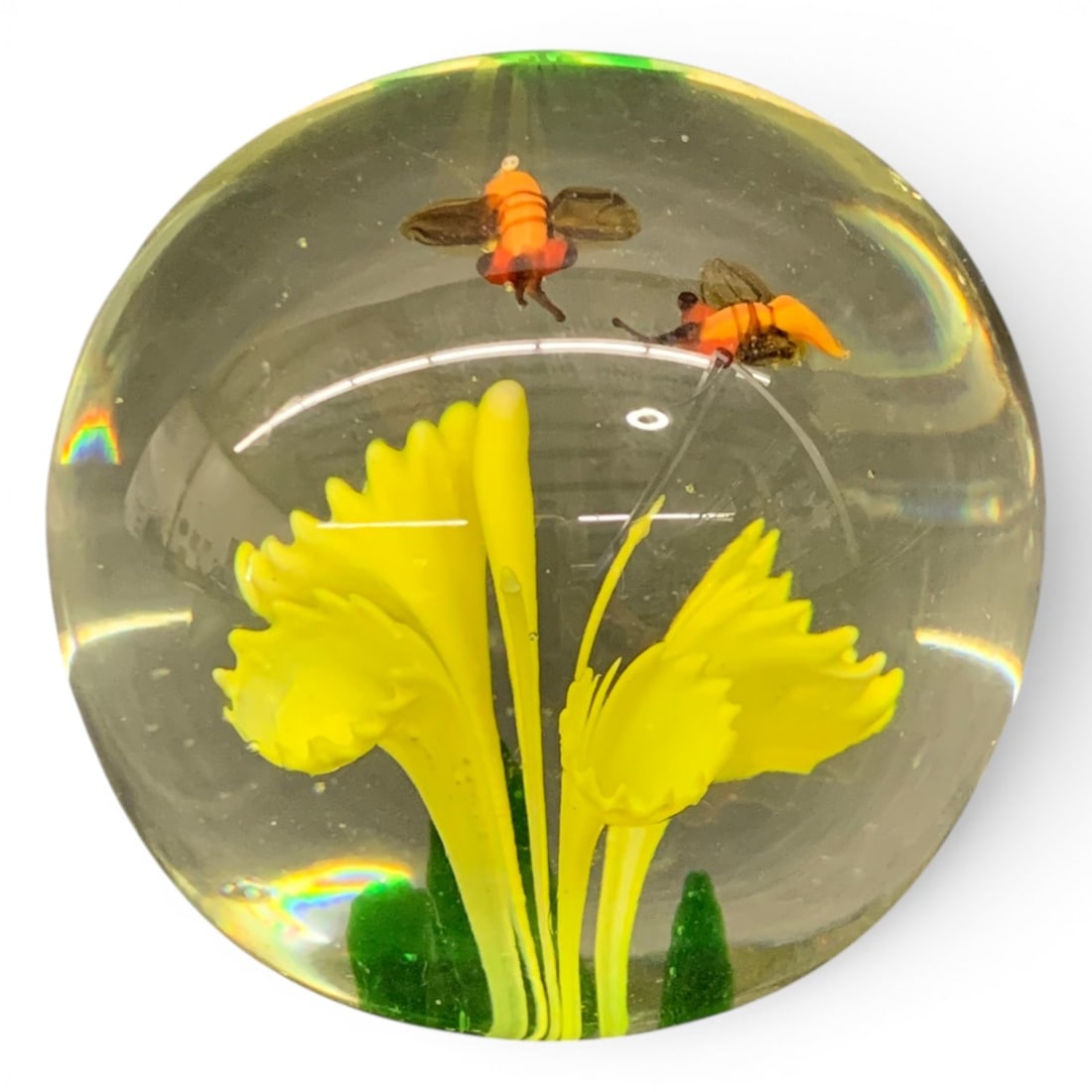 Art Glass Floral Paperweight: Art Glass Paperweight Featuring A Floral Motif With Insects Flying Over The Flowers2 3/4" Tall