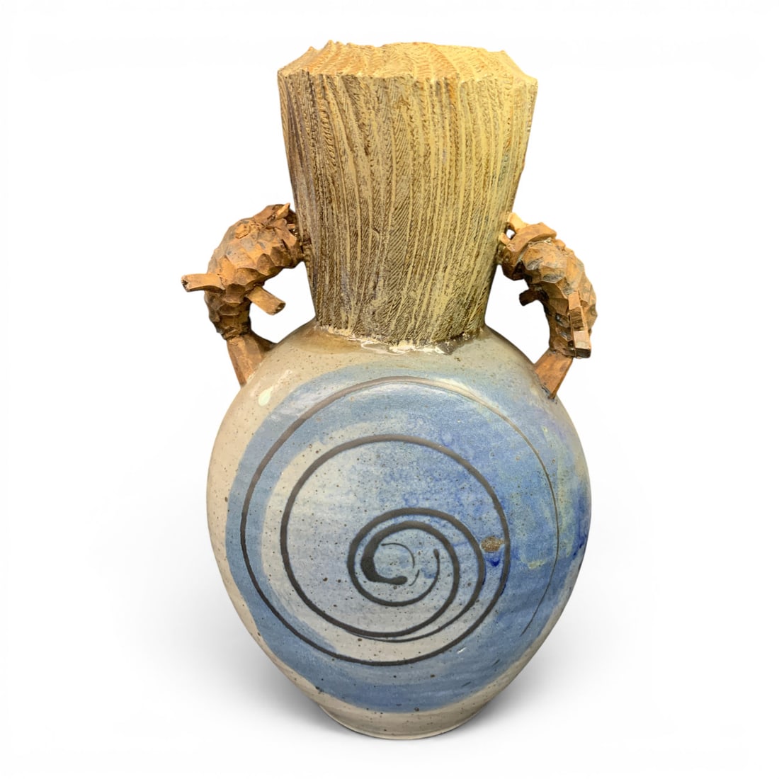 Art Pottery Vase: Art Pottery Vase Featuring A Spiral Design And Applied Fish Like Handles15 1/2" TallOne Fish Handle Has A Broken Fin - See Photos