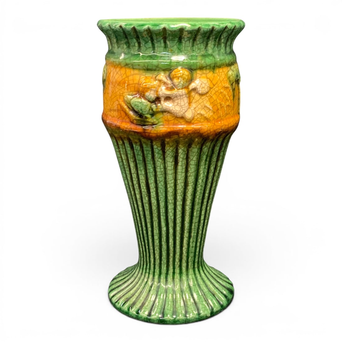 Vintage Majolica Style Pedestal Vase: Vintage Majolica Style Pedestal Vase Featuring A Prominent Green And Amber Crackle Drip Glaze9" Tall
