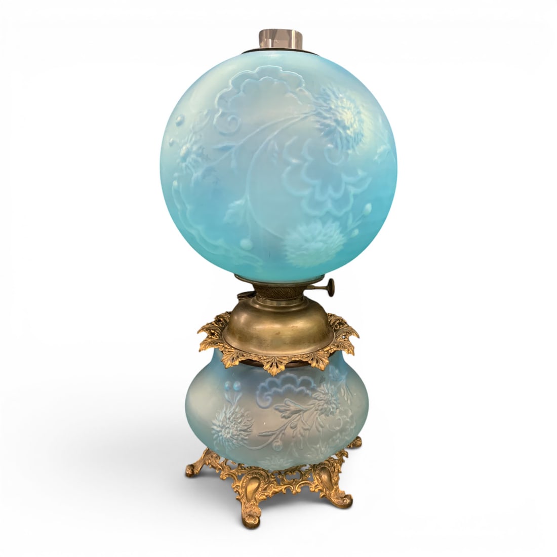 Vintage Gone With The Wind Blue Parlor Lamp: Vintage Gone With The Wind Blue Parlor Lamp Featuring A Blue Satin Glass Body With Embossed Floral PatternsMarked On Knob: Success21 1/4" Tall